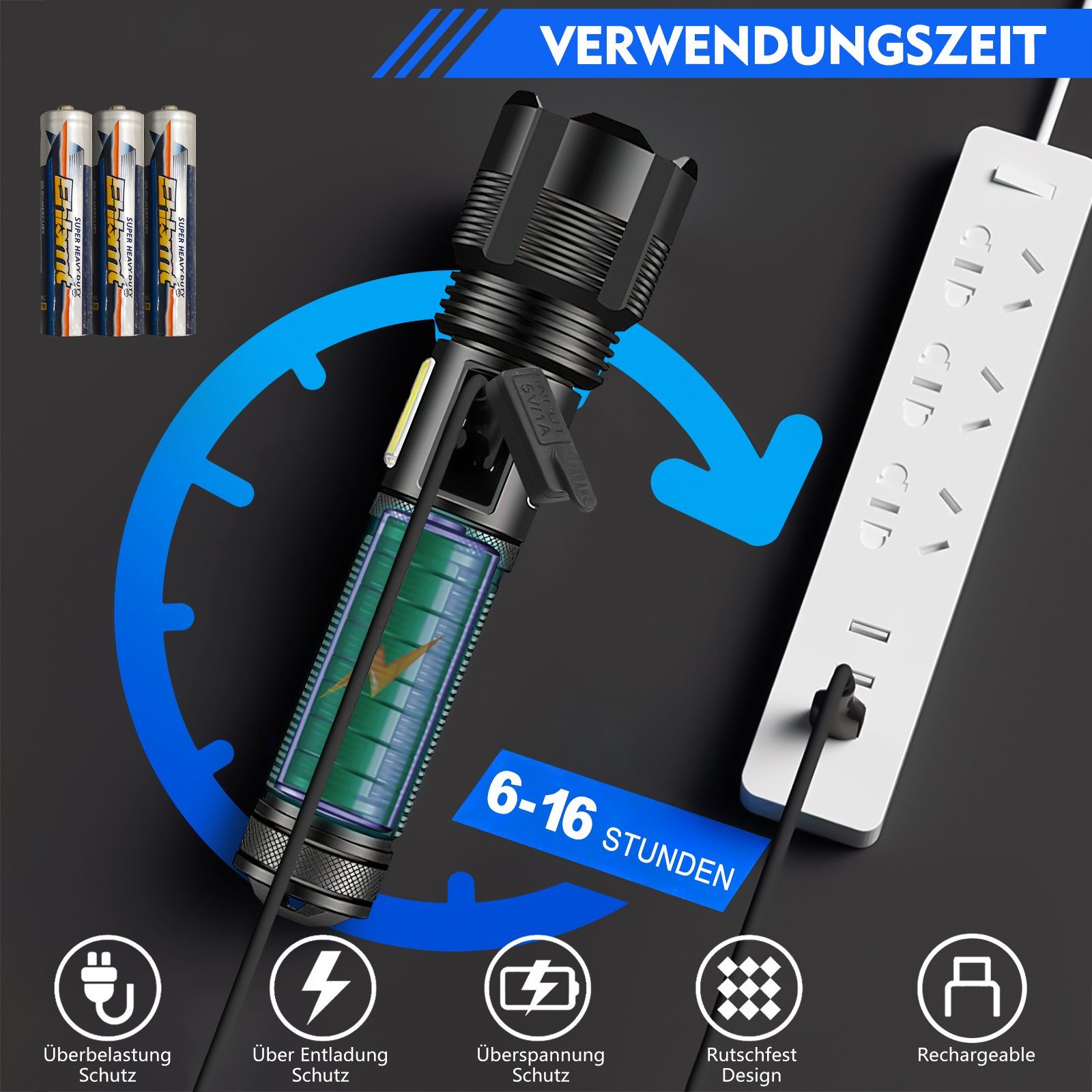 MDHAND LED Taschenlampe USB wiederaufladbare taktische (1-St), Mit COB-BELEUCHTUNG