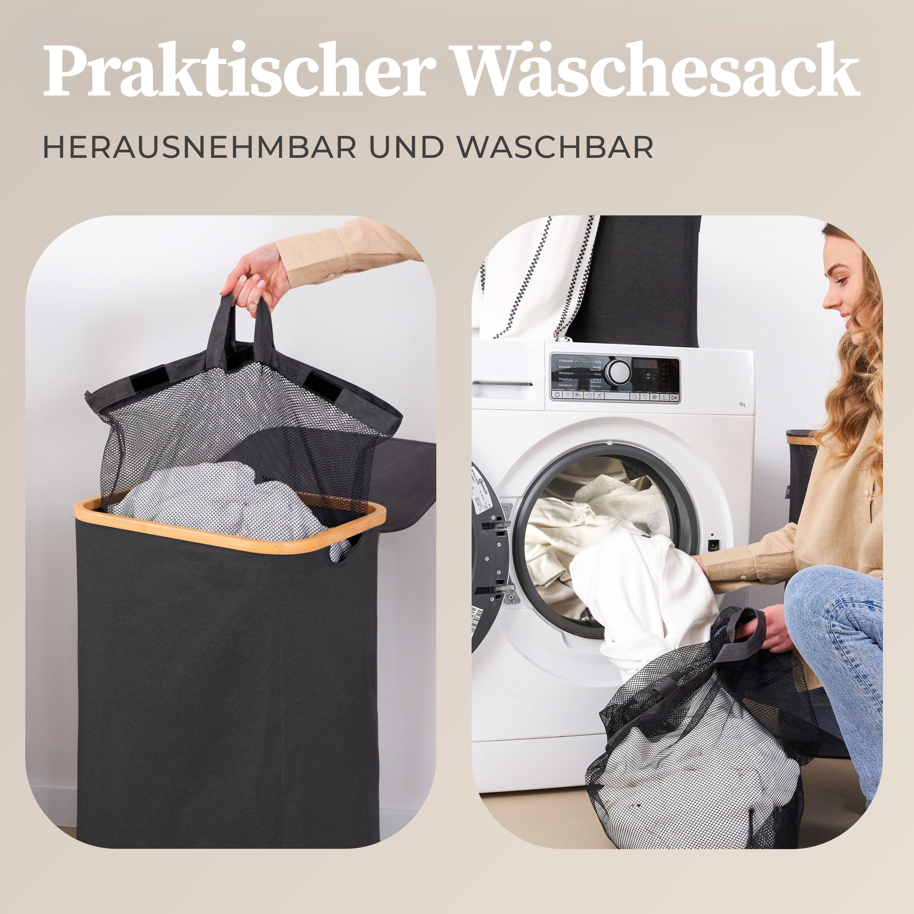 HENNEZ Wäschekorb 100L mit Deckel (Wäschekorb inkl. Wäschesack herausnehmbar), 1 Fach inkl herausnehmbarem Wäschesack Wäschesammler schmal mit Deckel