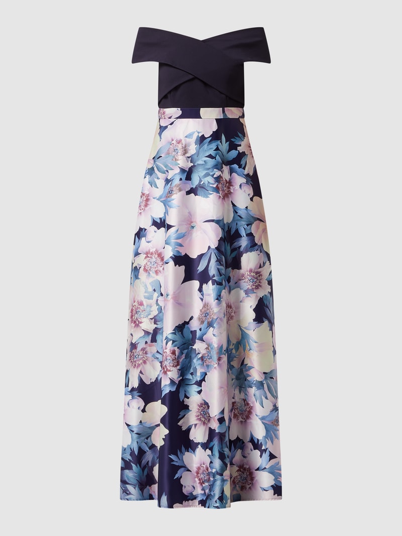 Off-Shoulder-Abendkleid in Wickel-Optik in marineblau meliert