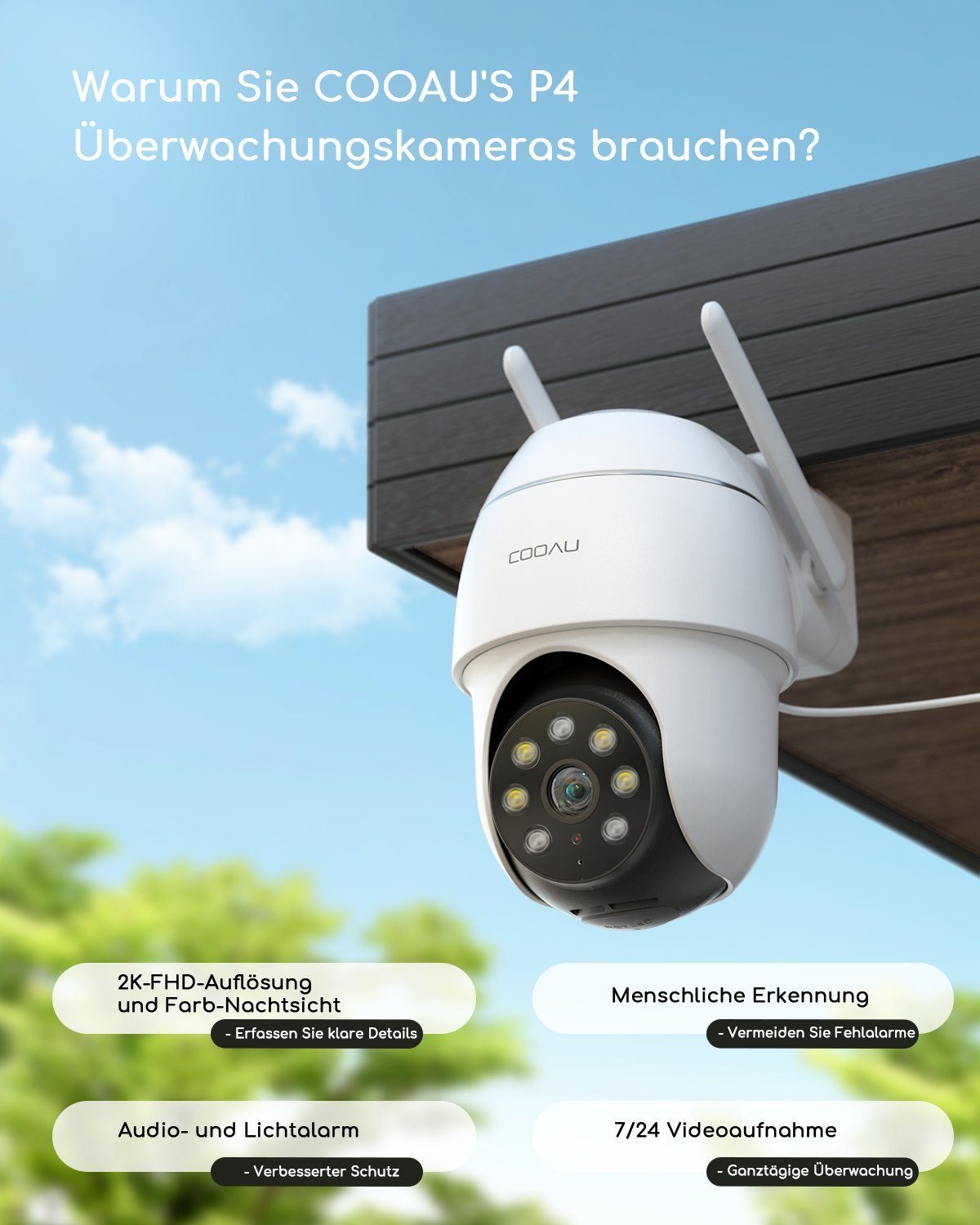 COOAU 2K Überwachungskamera Aussen WLAN,355°/90° Schwenkbar IP Kamera IP66 Überwachungskamera (AuBenbereich, 4 Geräte Gleichzeitig,Mit der Familie teilen,All-in-1 APP,Alexa, Mensch Bewegungsmelder,Automatische Verfolgung,Farbige Nachtsicht,3MP, 24/7