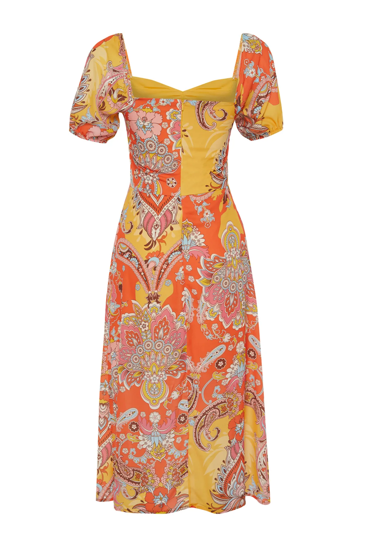 Trendyol Collection  Oranges gemustertes gewebtes Midikleid mit quadratischem Ausschnitt und Schlitz TWOSS23EL01846