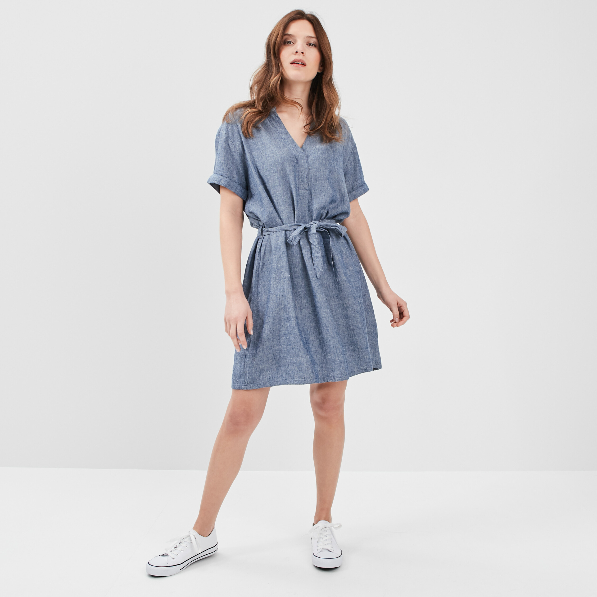 Robe droite ceinturée en mélange de lin bleu gris femme | La Halle