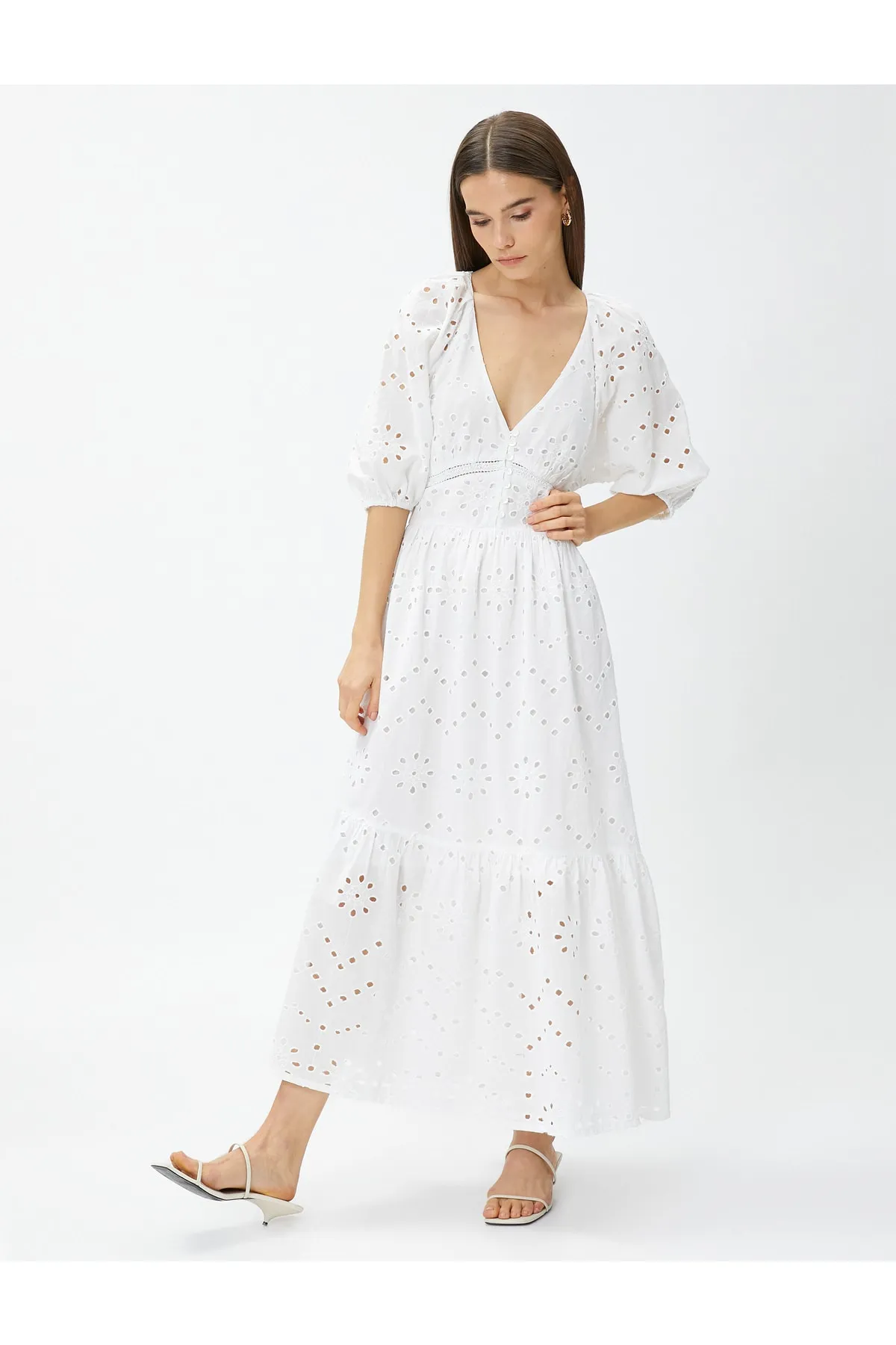 Koton  Langes Sommerkleid V-Ausschnitt Brodeli