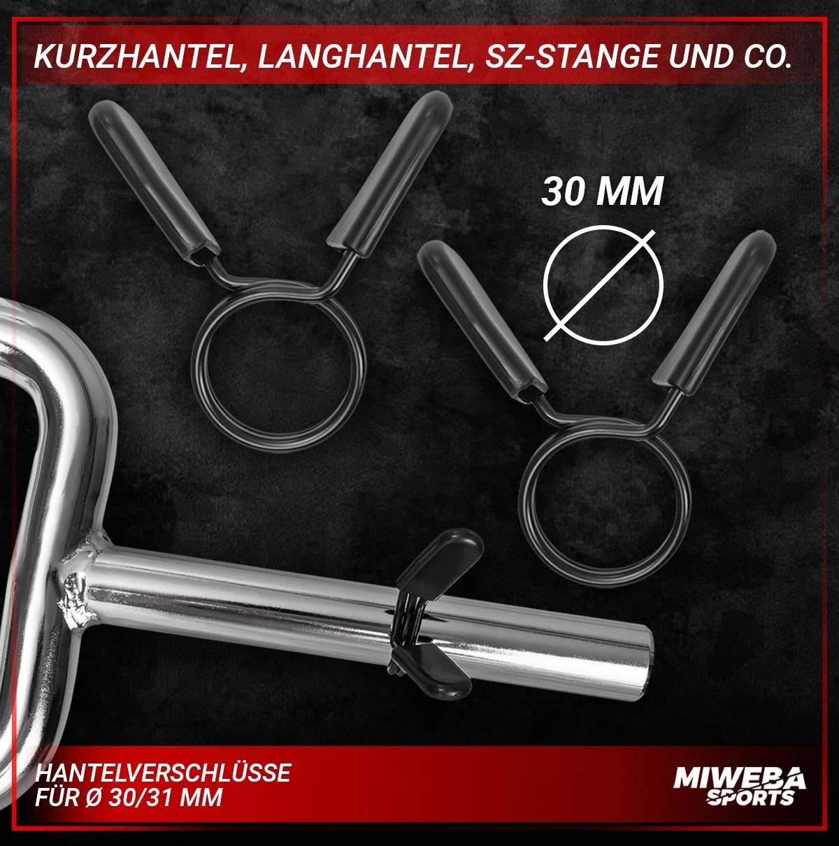 Miweba Sports Hantel-Set Federverschlüsse für Langhanteln 30/31mm, (2er-Set, Robuste Federverschlüsse aus Stahl, 8.0 x 7.0 x 2.0 cm), Hantelverschlüsse - Hantelverschluss - Hantelklemmen - Universal