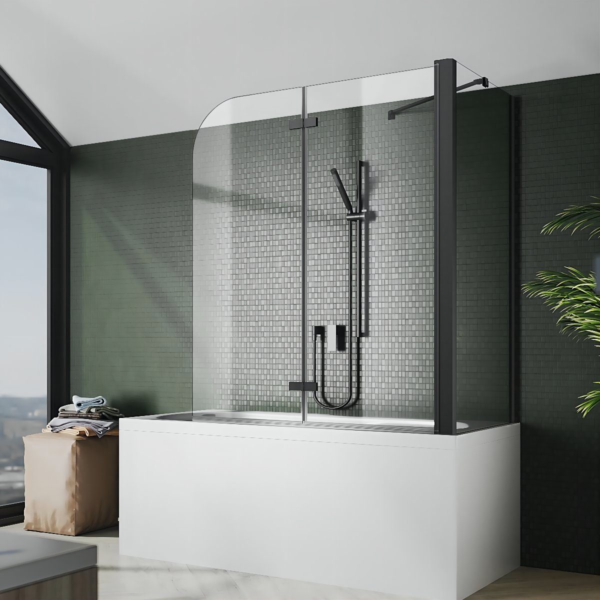 SONNI Badewannenaufsatz NANO Glas, 120x140cm, mit Seitenwand, Faltbar, Schwarz, Einscheibensicherheitsglas mit Nano Beschichtung, für Badezimmer, faltbar
