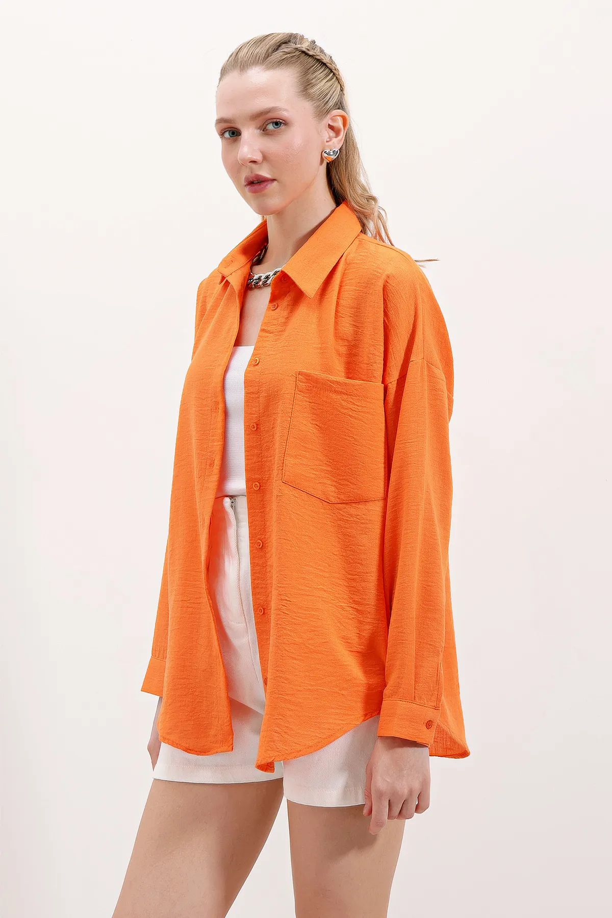 Bigdart  20153 Oversize-Leinenhemd mit einer Tasche – Orange