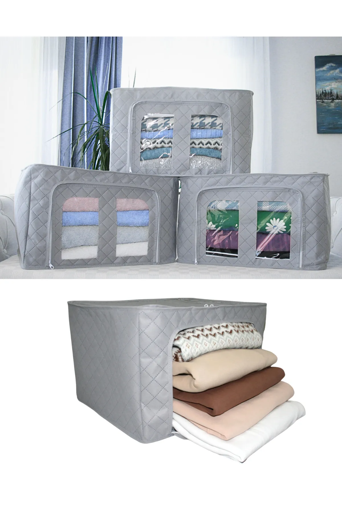 Seryat  3-teiliges Set mit grauer, gesteppter Organizer-Box mit Stahlrahmen und Fenster, Aufbewahrungstasche, Draht-Aufbewahrungstasche, 40 x 50 x 30 cm, Pullover-Aufbewahrungstasche
