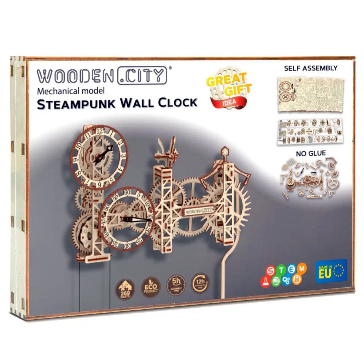 Wooden City 3D-Puzzle Steampunk Wanduhr Modellbausatz Holzpuzzle Deko, 269 Puzzleteile