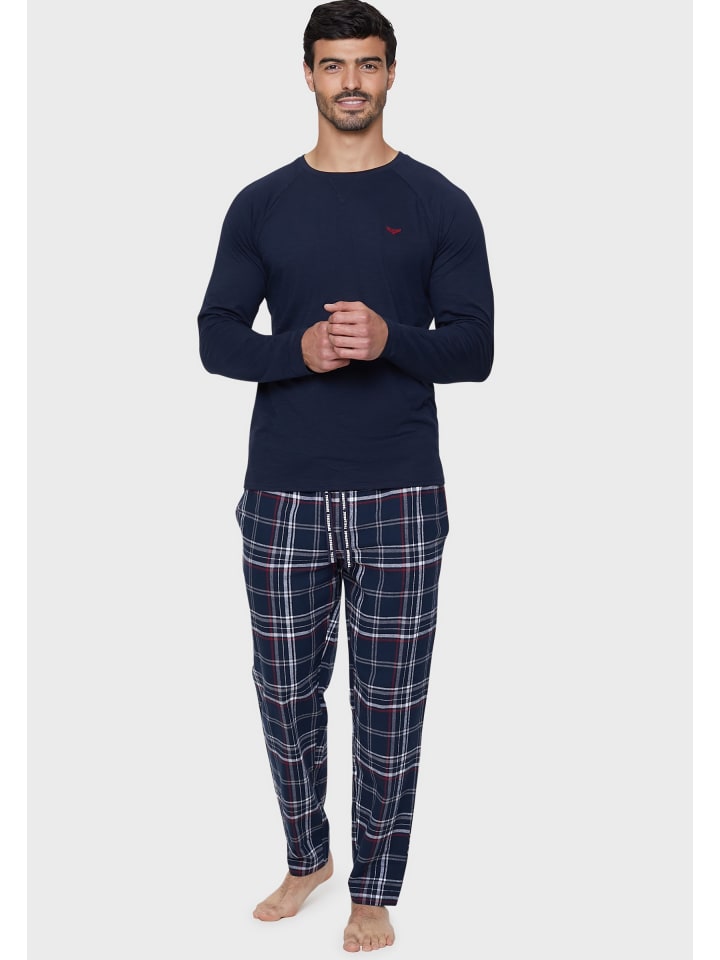Threadbare Schlafanzug Monk PJ Set in Navy Slub/Navy/Red Check günstig kaufen