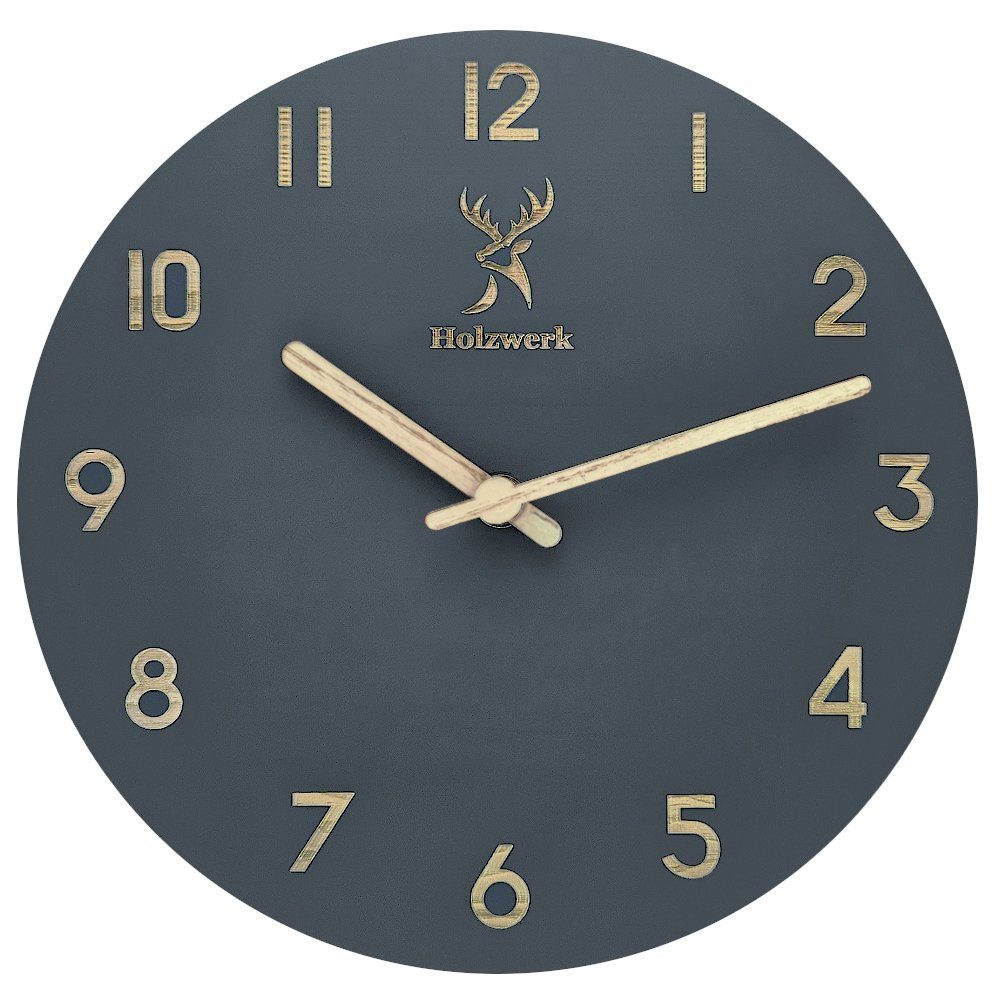 Holzwerk Wanduhr BAMBERG aus robustem Holz in grau, beige