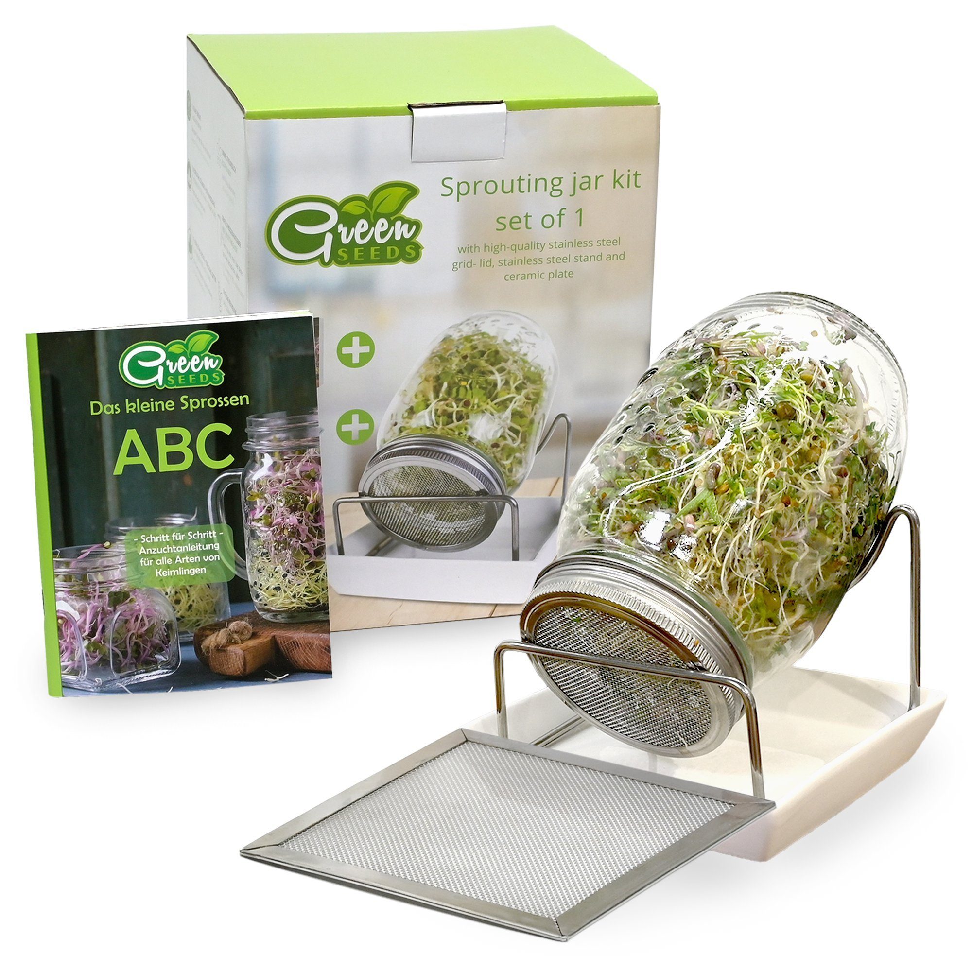 Green SEEDS Anzuchttopf Sprossenglas Keimglas 1er Set + KRESSESIEB, 1000ml mit hochwertigem Edelstahl-Gitterdeckel, Ständer, Keramikschale + Sprossen-ABC [Druckversion]