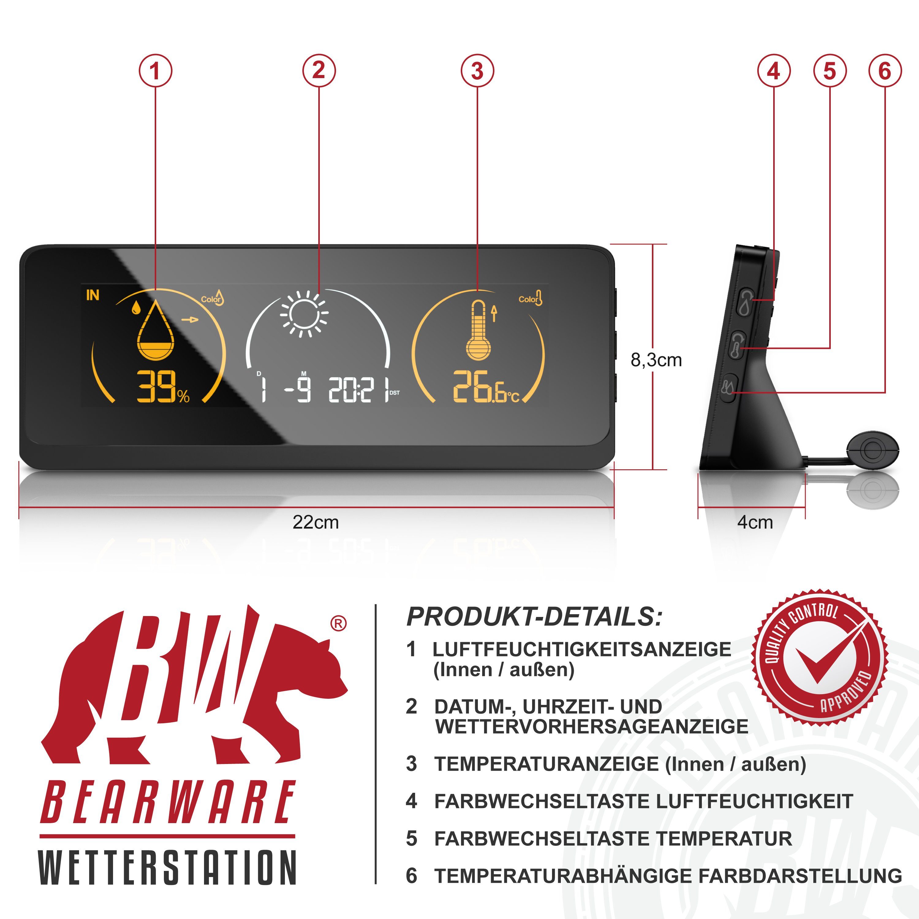 BEARWARE Wetterstation (mit Außensensor, Funkwetterstation mit Farbdisplay Wetterstation & Netzteil)