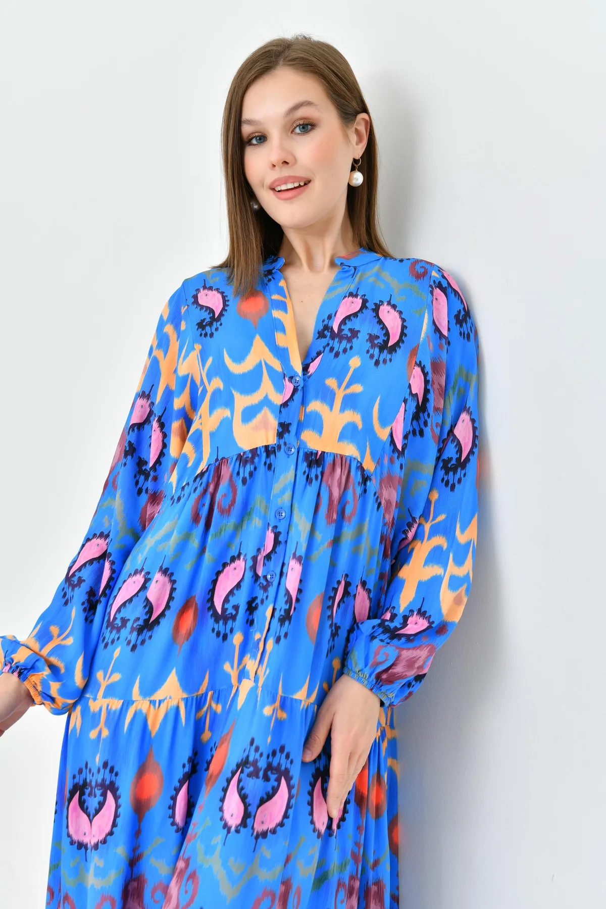 lovebox  Ethnisch gemustertes, geknöpftes, vorherrschender Kragen, Ballonärmel, Midi-Länge, weit ausgestellter Schnitt, blaues Sommerkleid 036