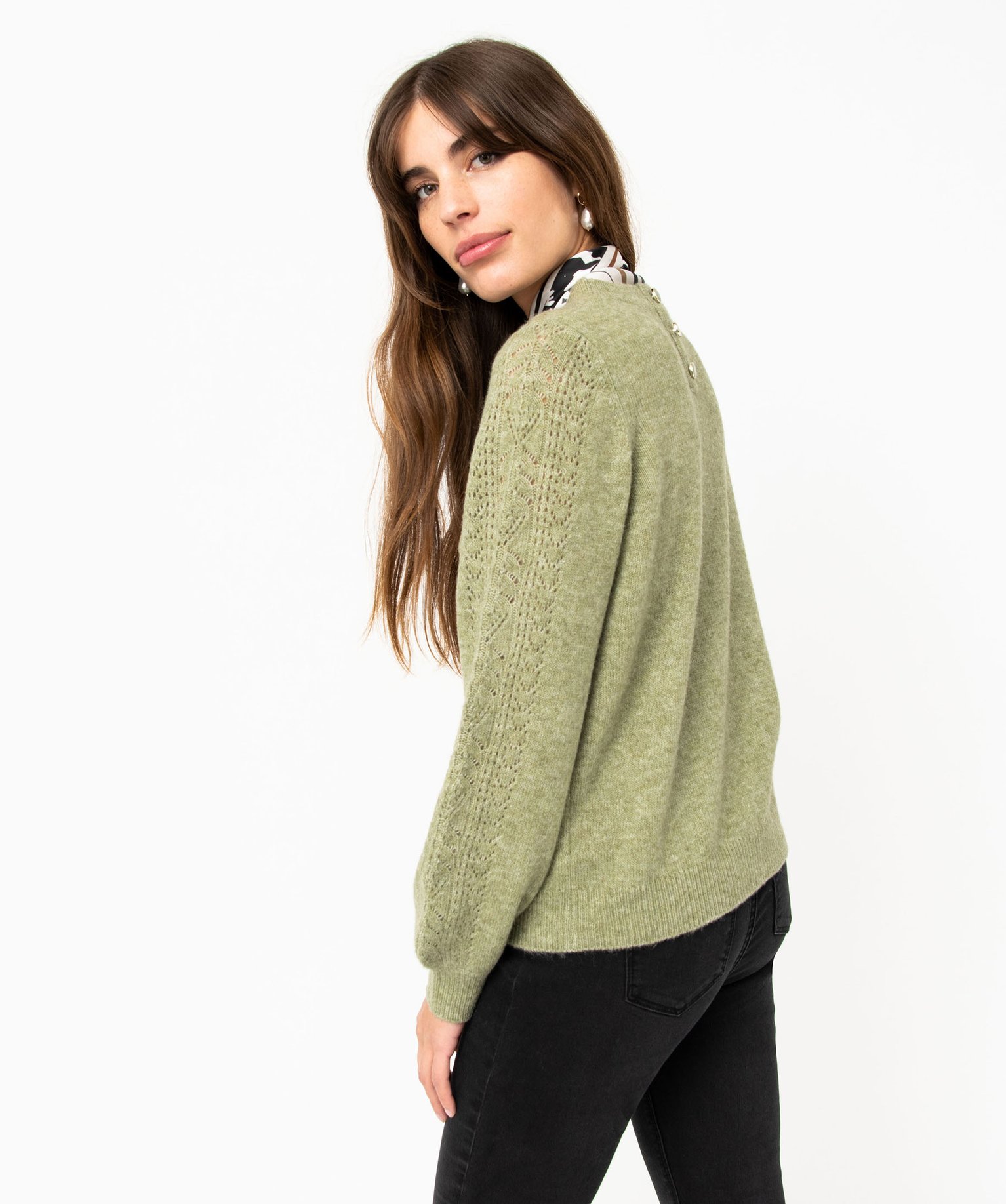 Pull en maille ajourée avec boutons décoratifs femme vert | GEMO