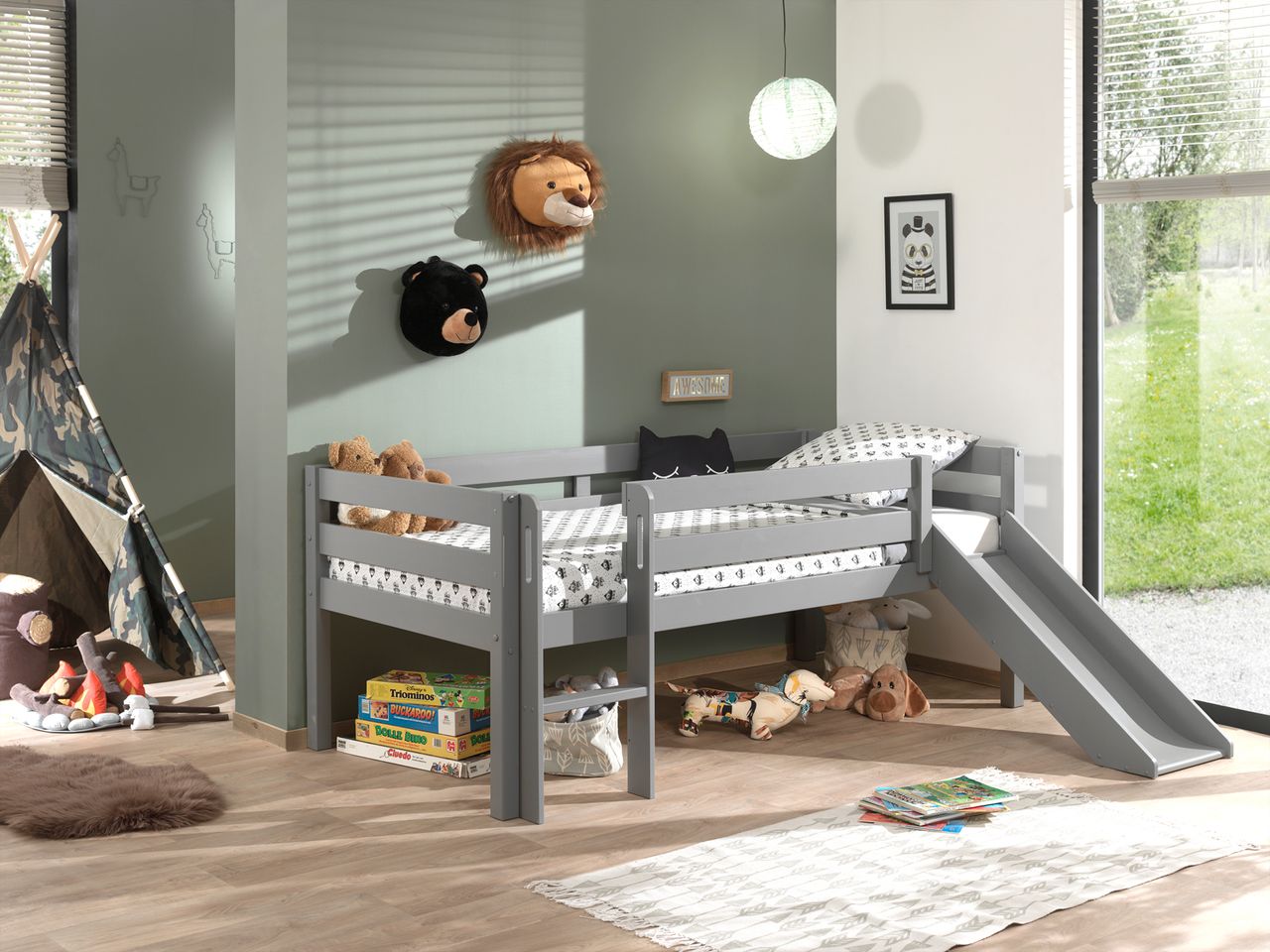 VIPACK Spielbett mit Liegefläche 90 x 200 cm, inkl. Leiter, Rutsche und Rolllattenrost, Kiefer massiv grau lackiert