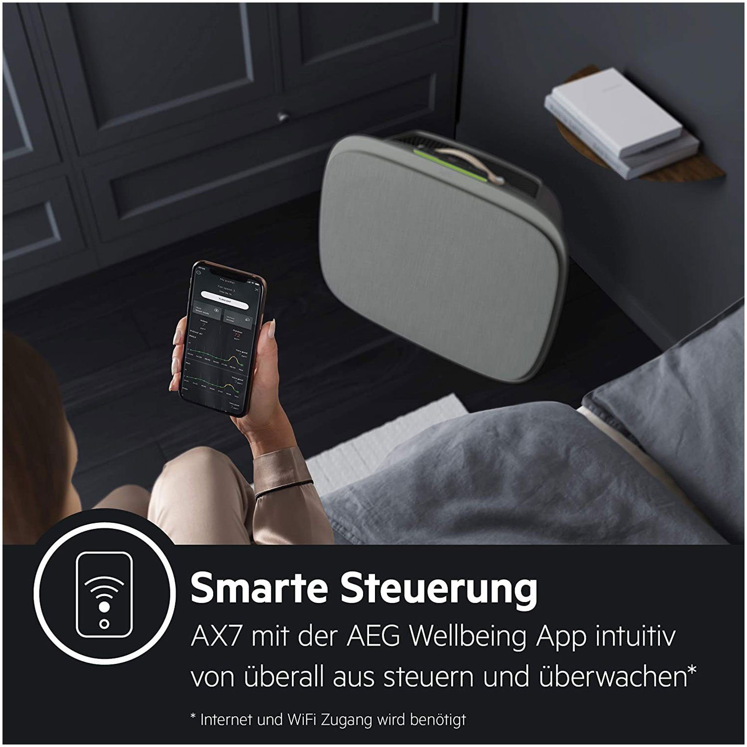 AEG Luftreiniger AX 71-304 GY, für 60 m² Räume, 5x Filtersystem, App-Steuerung, 5 Ventilationsstufen, Automatik-Modus
