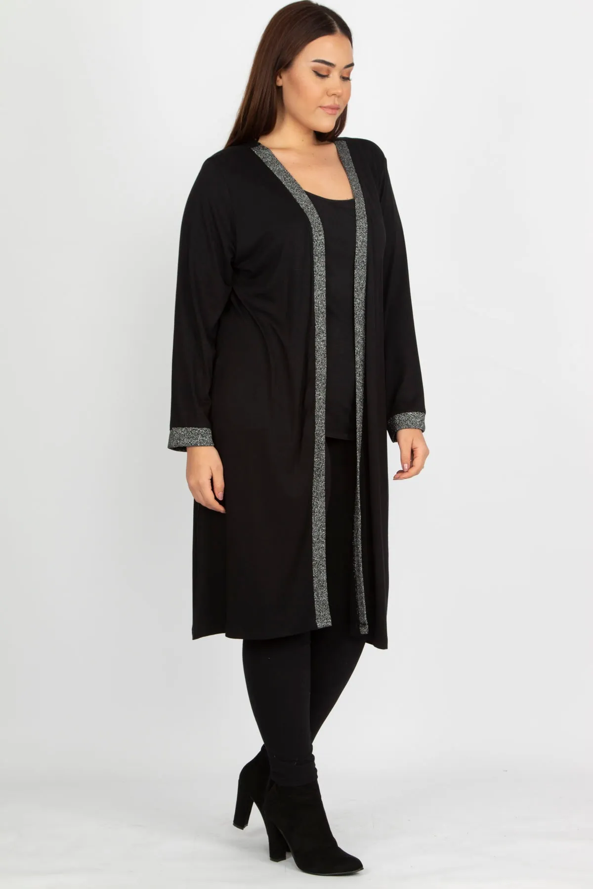 Şans  Damen-Cardigan, groß, schwarz, glitzernd, lang, mit Details, 65n19839