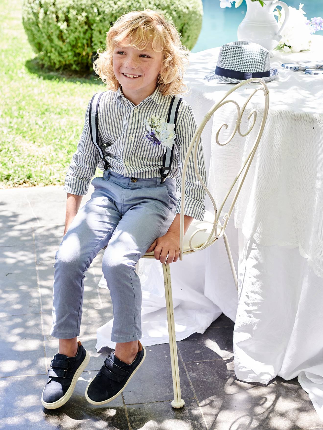 Pantalon chino garçon en coton/lin marine foncé