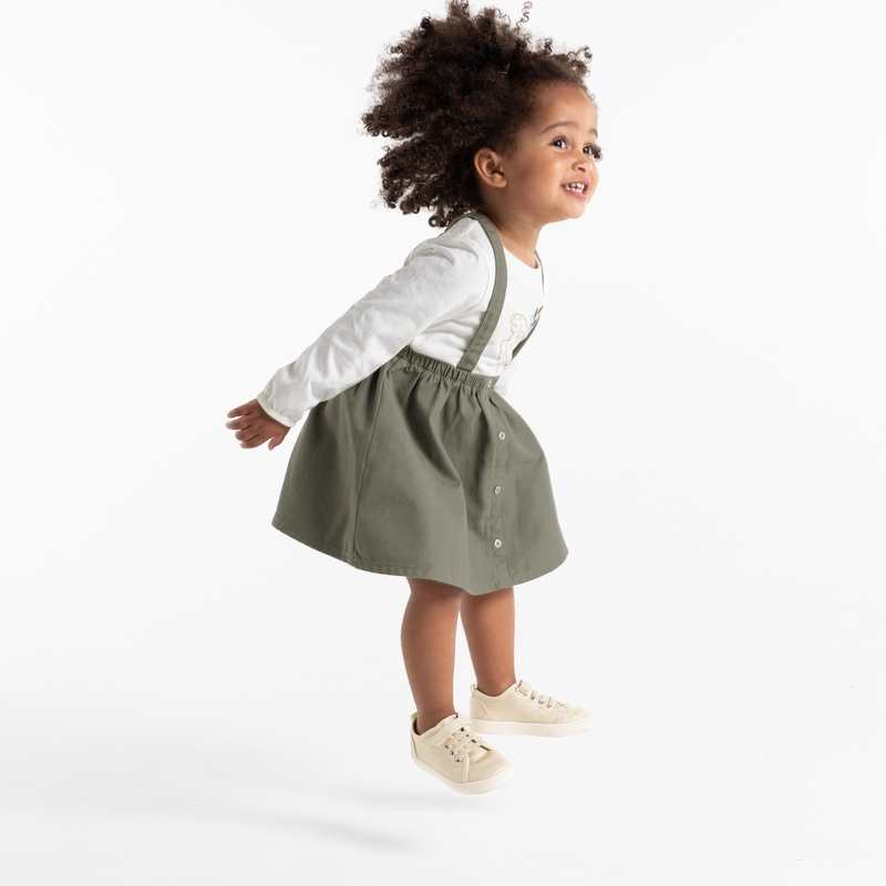 Robe à bretelles en twill et t-shirt oiseau verte bébé fille