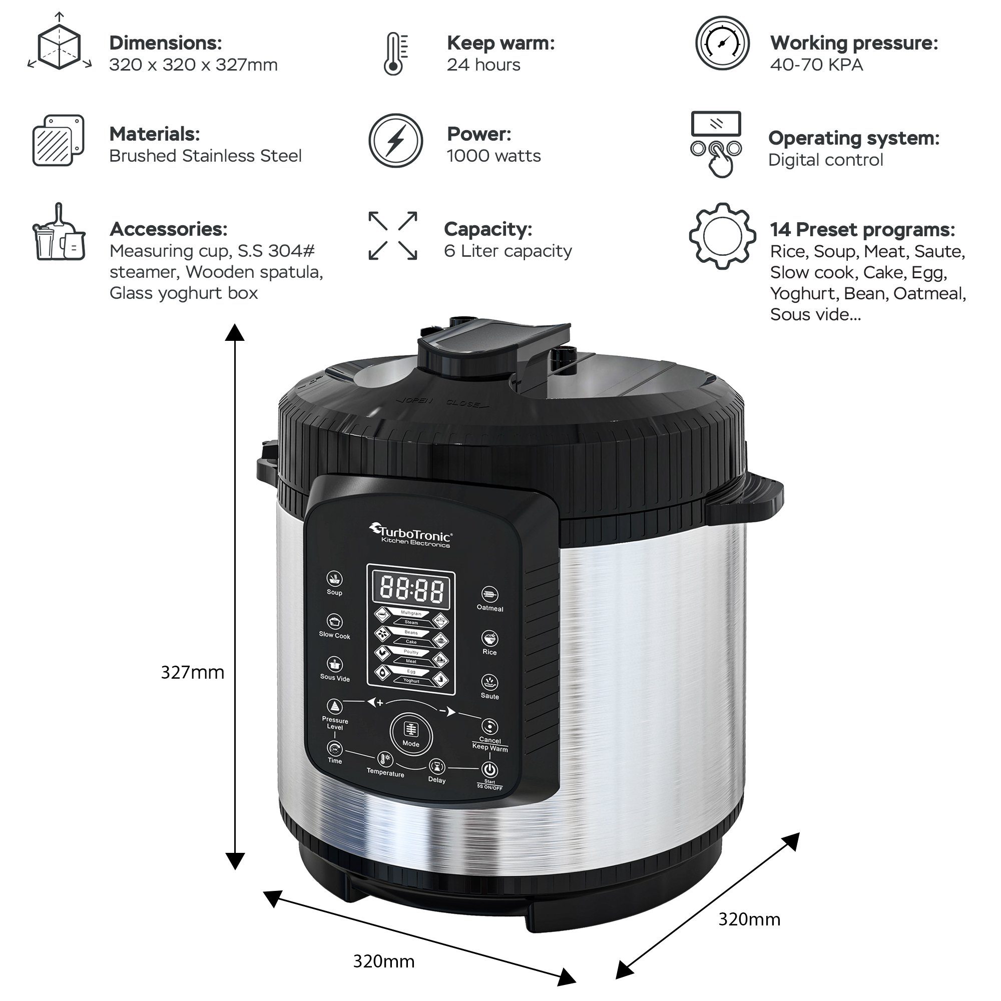 TurboTronic by Z-Line Multikocher 6L mit 2x Topf Edelstahltopf und beschichtet, PLASTIKFREI Silber, 1000 W, Dampfdrucktopf Elektrischer Schnellkochtopf Dampfgarer