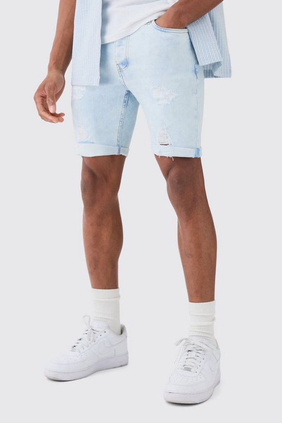 Zerrissene Skinny Stretch Jeansshorts in Ice Blue
