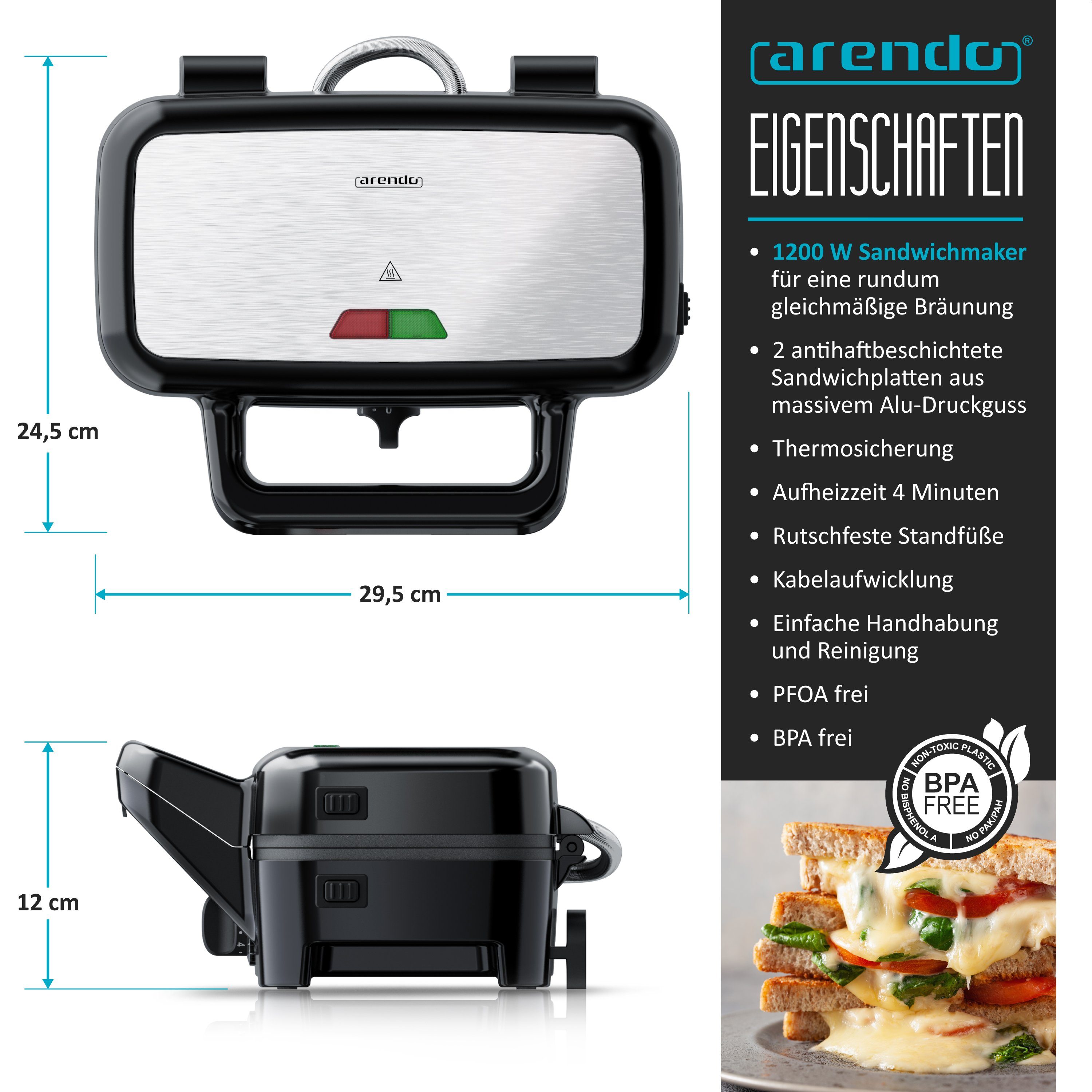 Arendo Sandwichmaker, 1200 W, abnehmbare Platten, Sandwich Maker, Sandwichtoaster für große Toasts