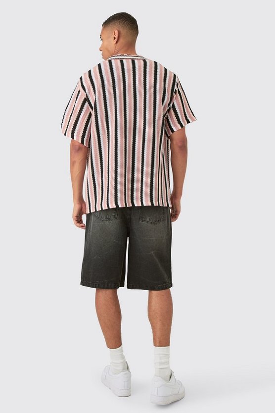 Gestreiftes Oversize Strick-Hemd in Schwarz