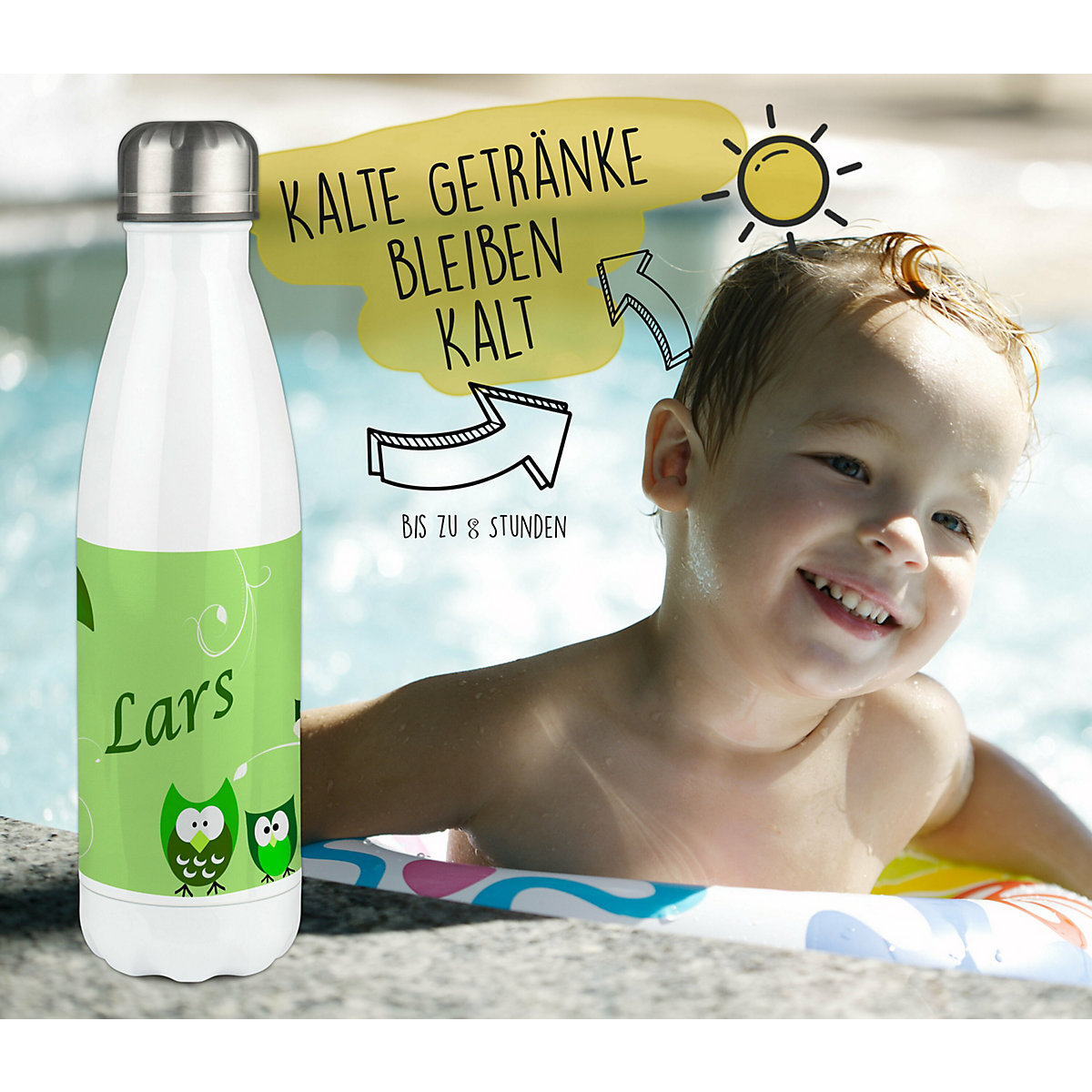 Edelstahl Kinder Thermoflasche / Trinkflasche bunt Eule Farbe grün Spülmaschinenfest, Auslaufsicher, Bruchfest, Doppelwandig, Für Heißgetränke geeignet, Mit Deckel, Isoliert