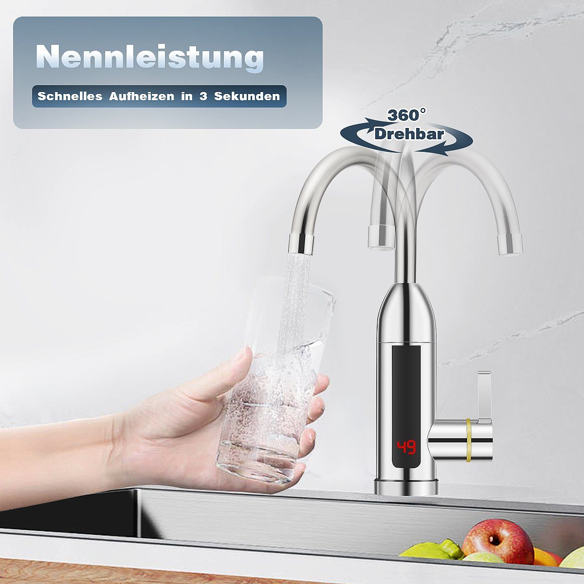 iscooter Klein-Durchlauferhitzer Elektrisch Temperaturanzeige einstellbar schwenkbar Wasserhähnen, Temperaturanzeige 30-60 ℃, IPX4 Küchenarmatur