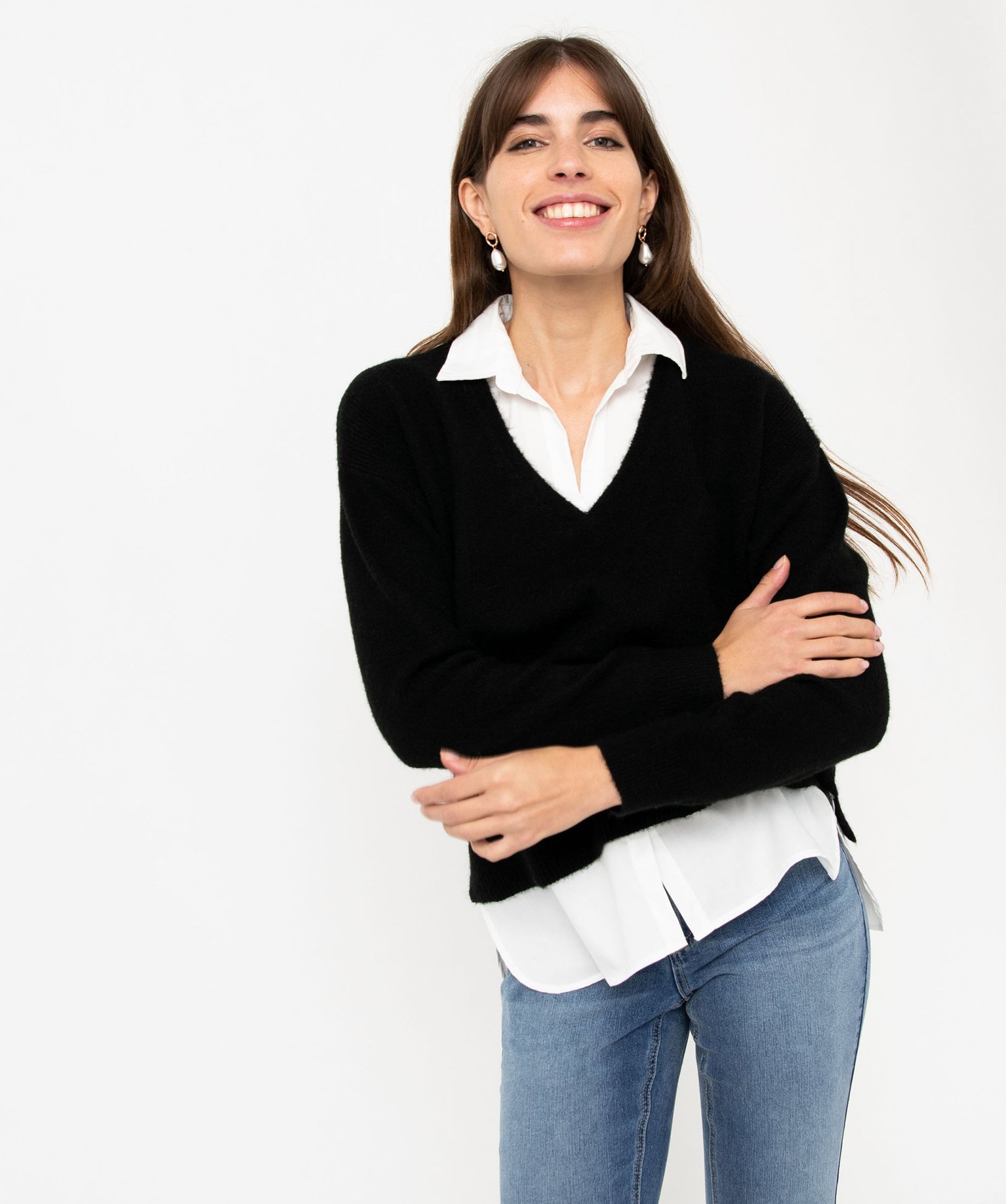 Pull 2 en 1 avec chemise femme noir | GEMO