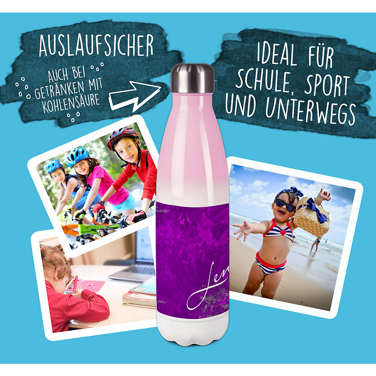Edelstahl Kinder Thermoflasche / Trinkflasche bunt Traum Farbe lila Spülmaschinenfest, Auslaufsicher, Bruchfest, Doppelwandig, Für Heißgetränke geeignet, Mit Deckel, Isoliert