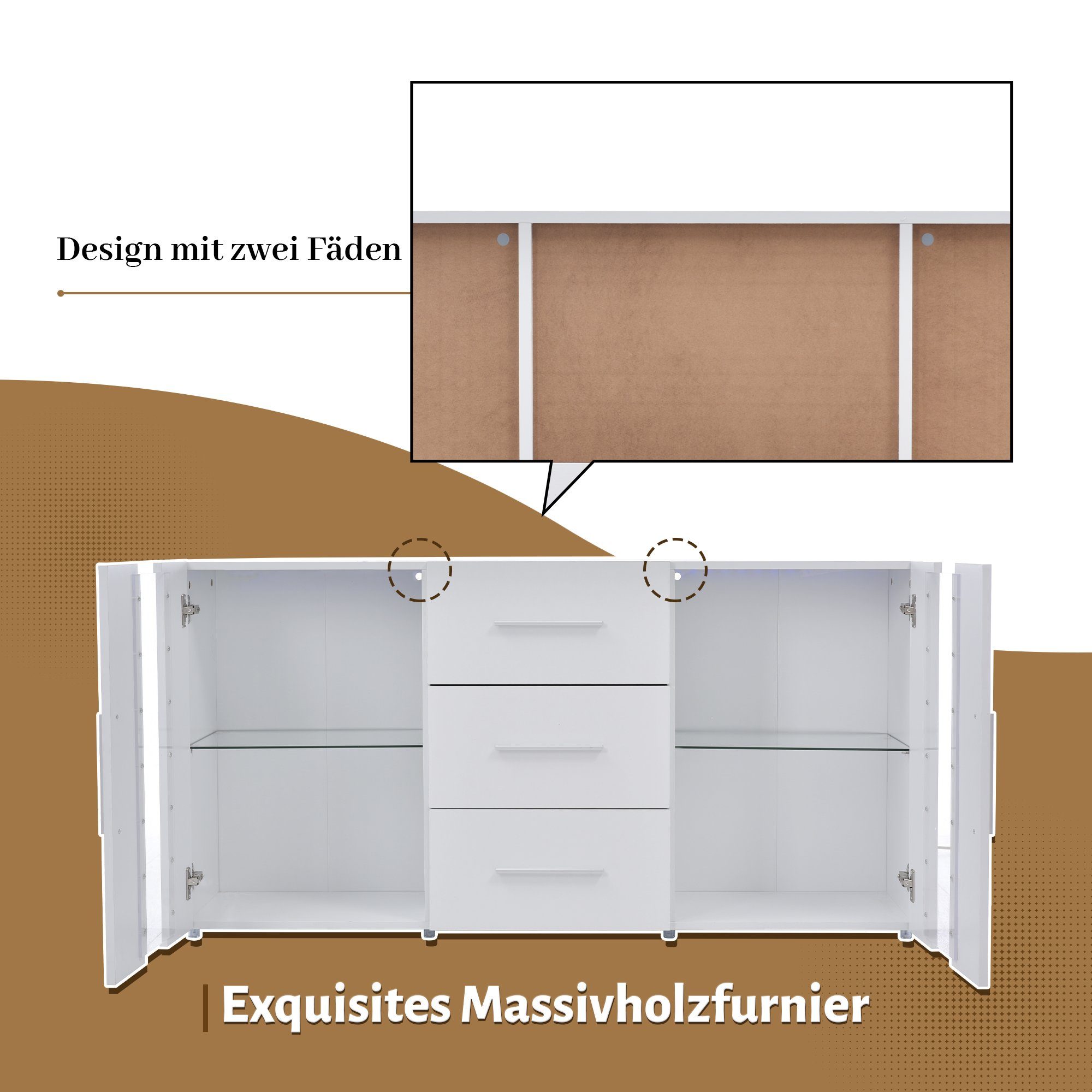 Merax Sideboard mit LED-Beleuchtung inkl. Fernbedienung, Kommode mit 2 Türen und 3 Schubladen, TV-Board, Anrichte, B:140cm