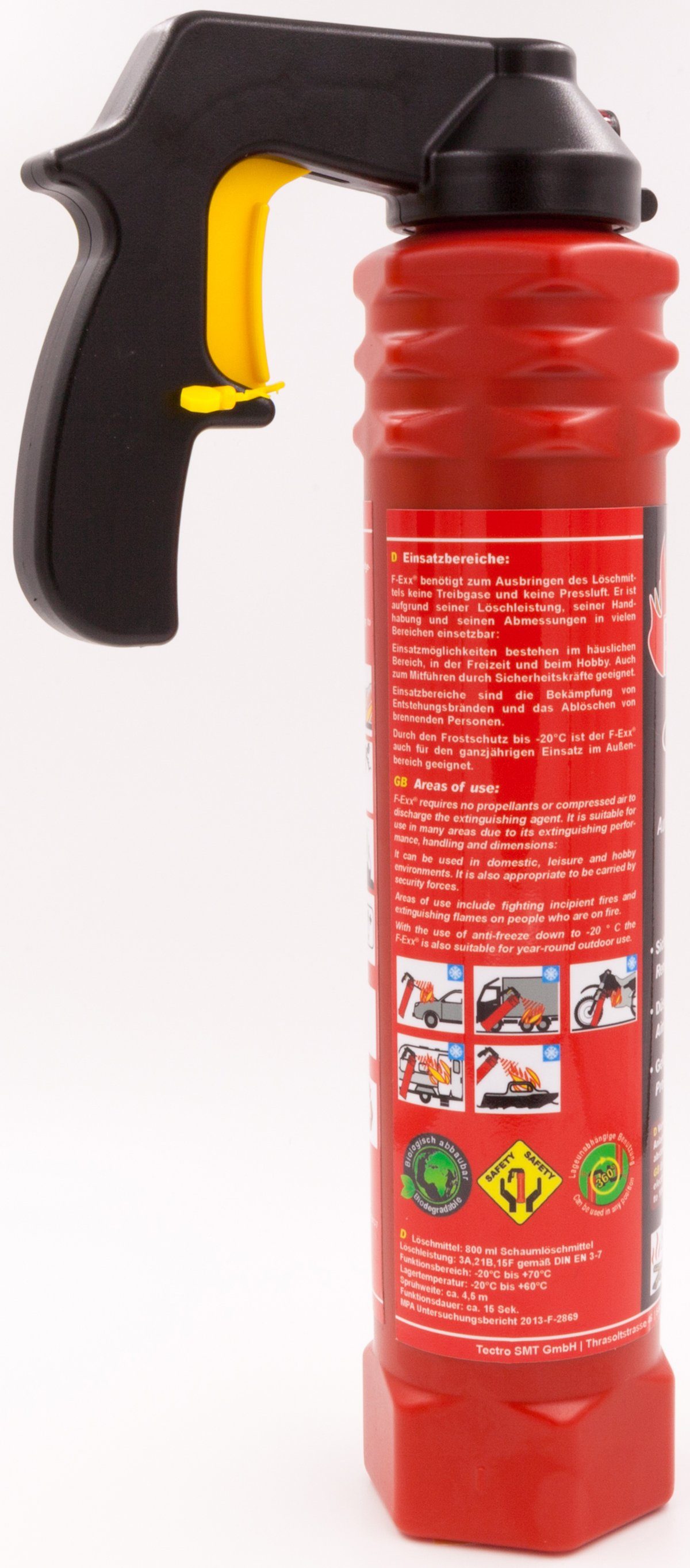 F-Exx Schaum-Feuerlöscher F-Exx® 8.0 C - Der Auto-Feuerlöscher mit Frostschutz + Kfz-Tasche, Löschschaum: MOUSSEAL®-CF F-20 synthetisches wasserfilmbildendes Schaummittel (AFFF), Treibgasfrei