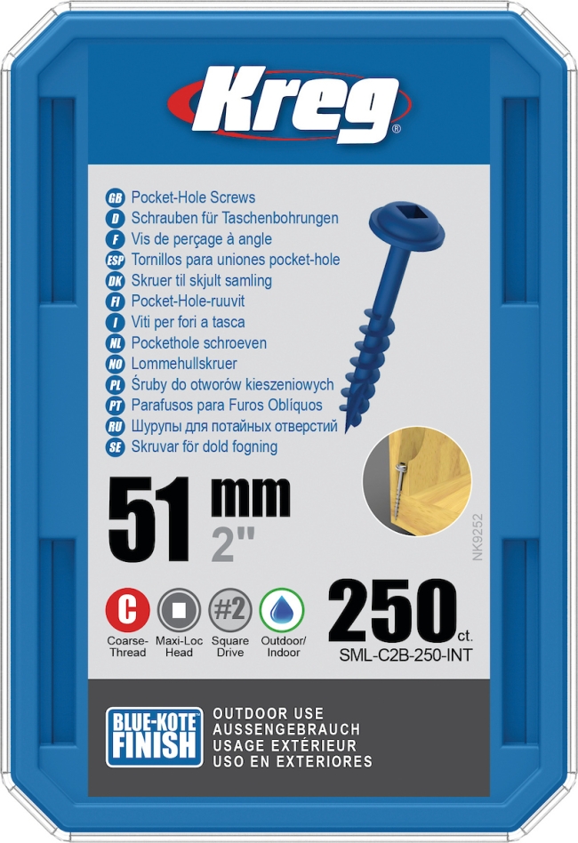 Kreg SML-C2B-250-INT varžtai su skylutėmis, 51 mm, „Blue-Kote Maxi-Loc“ šiurkštus sriegis, 250 vnt.