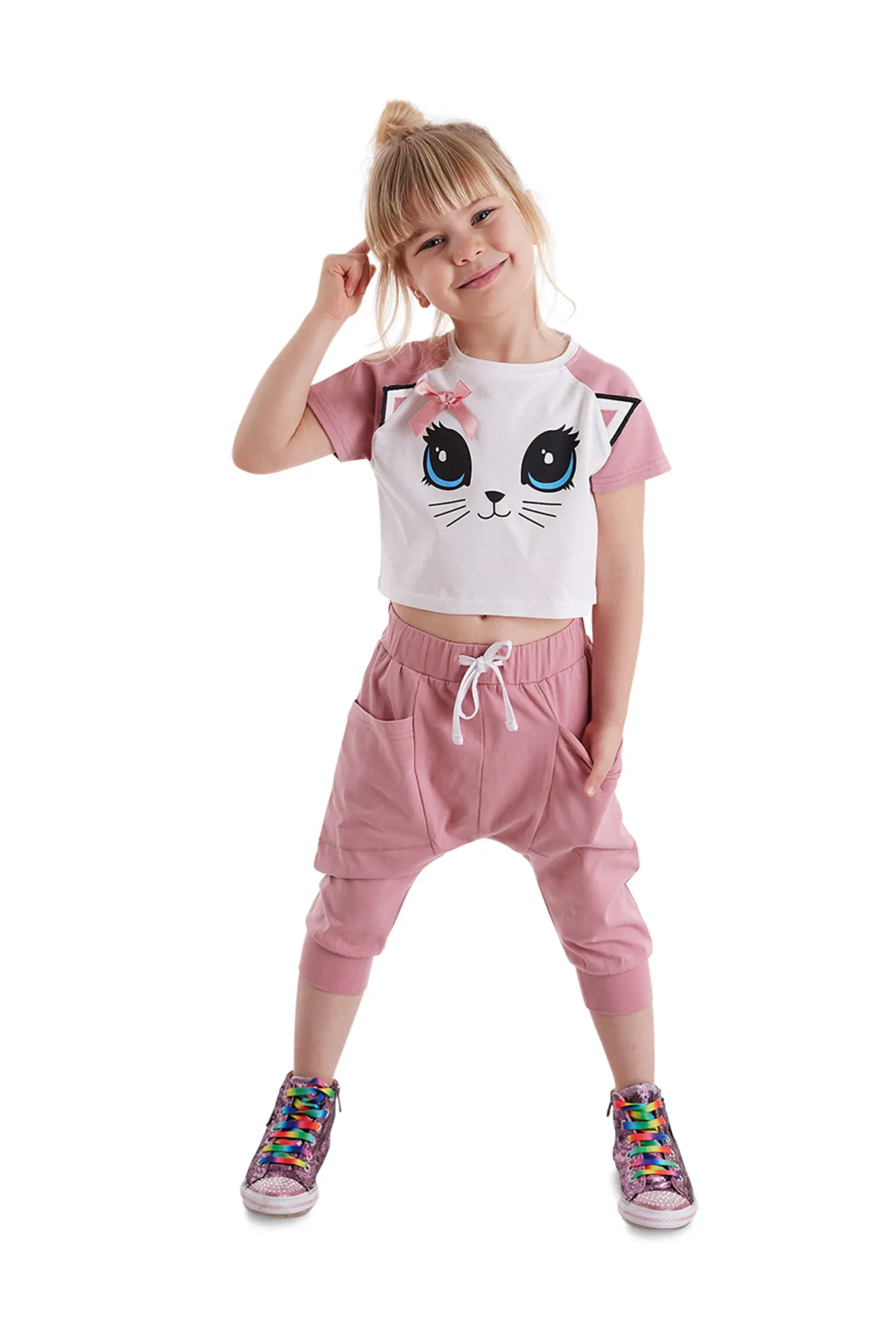 Denokids  Cat Maviş T-Shirt-Capri-Shorts-Set für Mädchen
