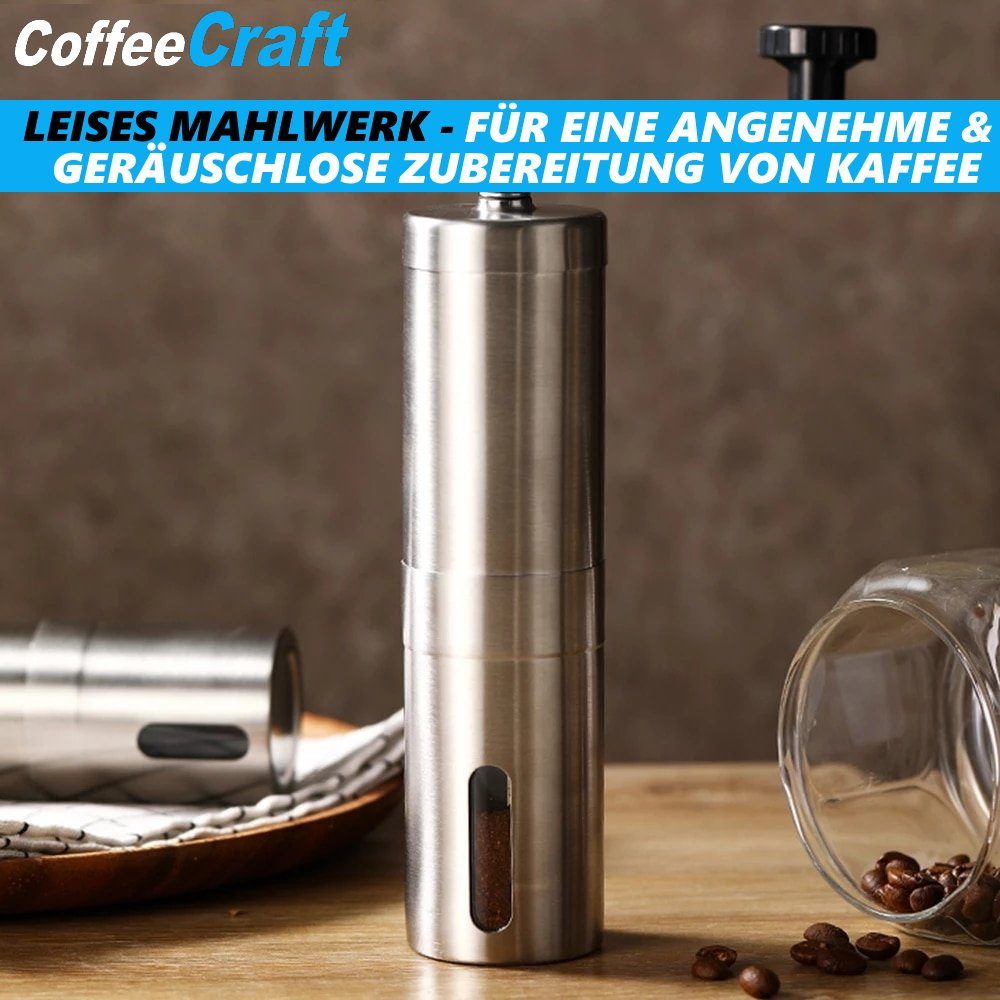 MAVURA Kaffeemühle CoffeeCraft Manuelle Kaffee Mühle Edelstahl Handkaffeemühle, mit Keramik-Mahlwerk Tragbar Silber