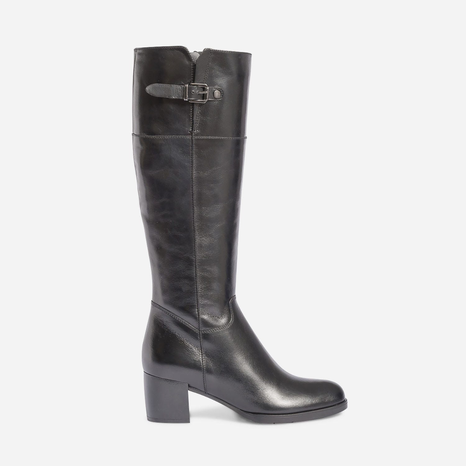 Botte à talon noire en cuir pour mollet fin