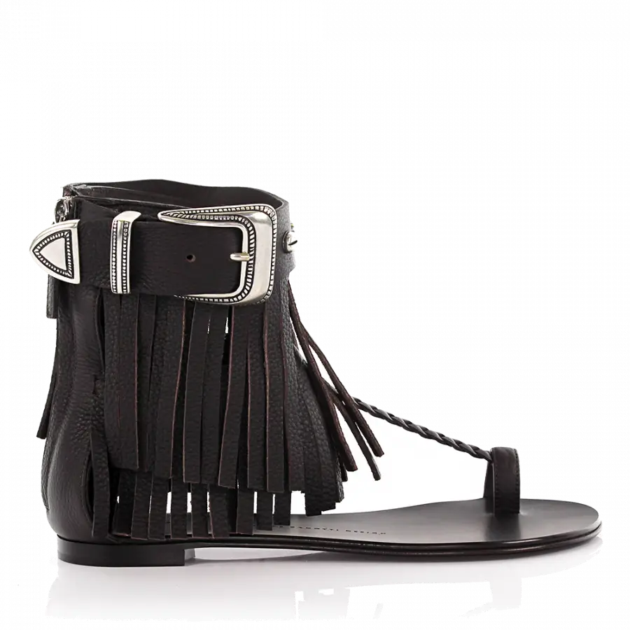 Giuseppe Zanotti - Riemchensandalen Kalbsleder Fransen dunkelbraun - braun