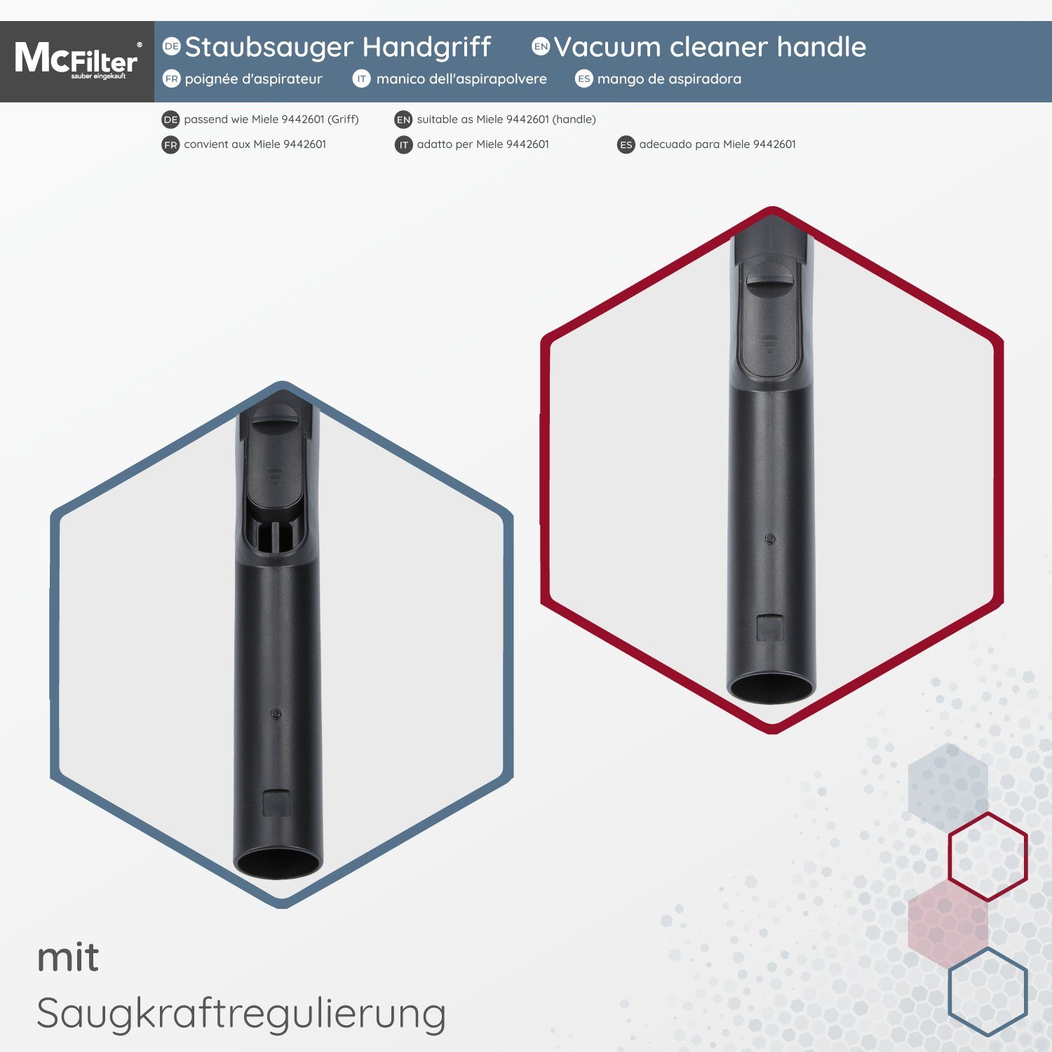 McFilter Staubsaugerrohr Handgriff, Ø 35mm, passend für Miele 9442601 9442600 5269091, ergonomisch geformt, mit Einrast-Funktion & Saugluftregulierung