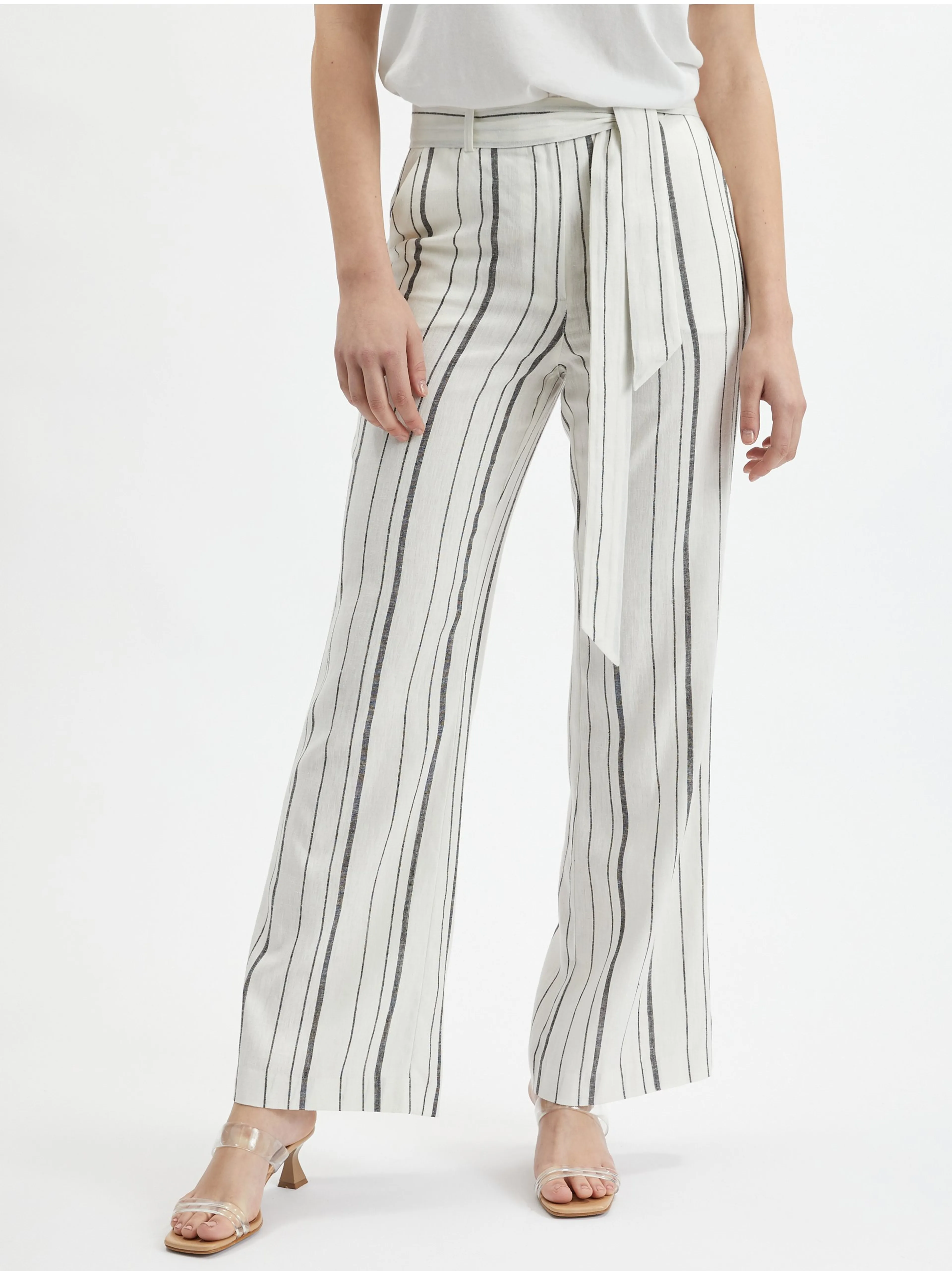 Weiße gestreifte Damen-Leinenhose ORSAY
