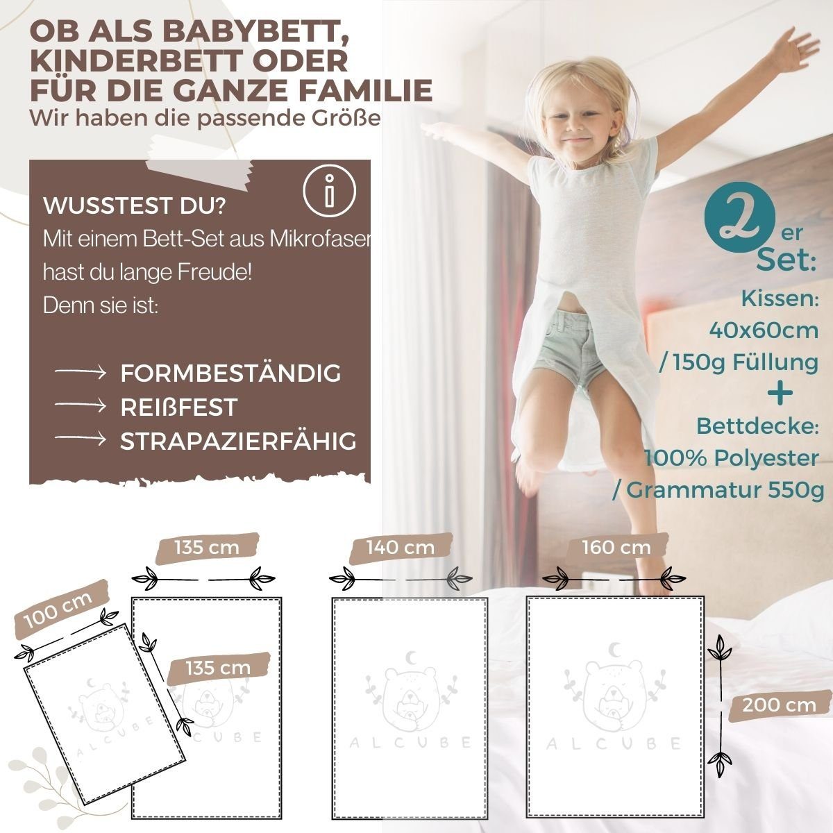 Kunstfaserbettdecke + Kopfkissen, HYGGI Bettdecken-Set 100x135 mit Kissen 40x60 für Babys und Kinder, Alcube, Bezug: Microfaser (100% Polyester), Premium Bettwäsche-Set Mikrofaser Decke und Kopfkissen