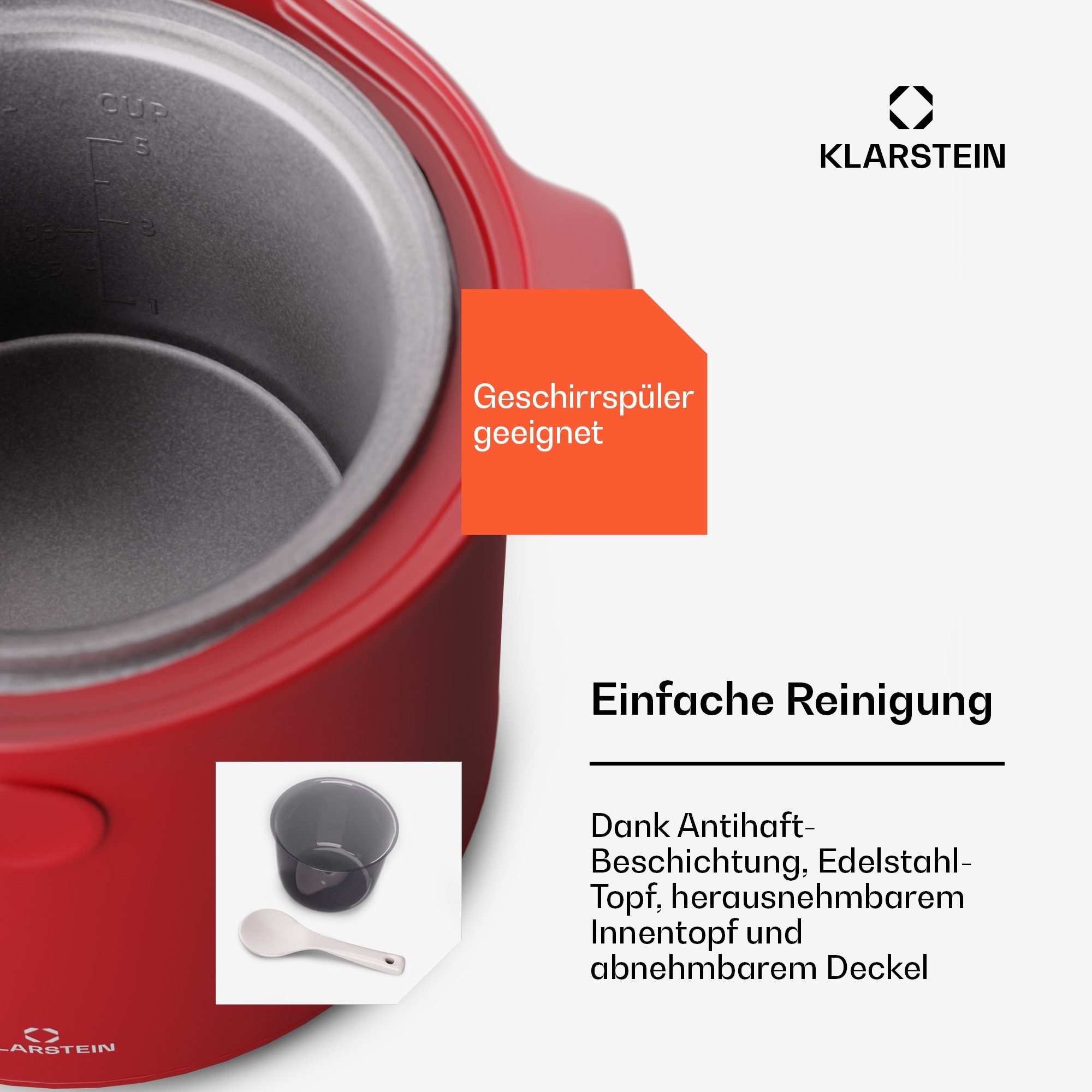 Klarstein Reiskocher Kenbu, 350 W, mit dampfgarer Elektrisch Multifunktions Kocher Rot