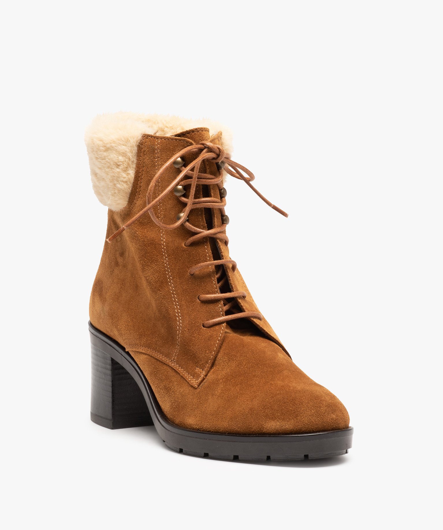 Bottines femme dessus cuir retourné col fourré – Tanéo camel | GEMO