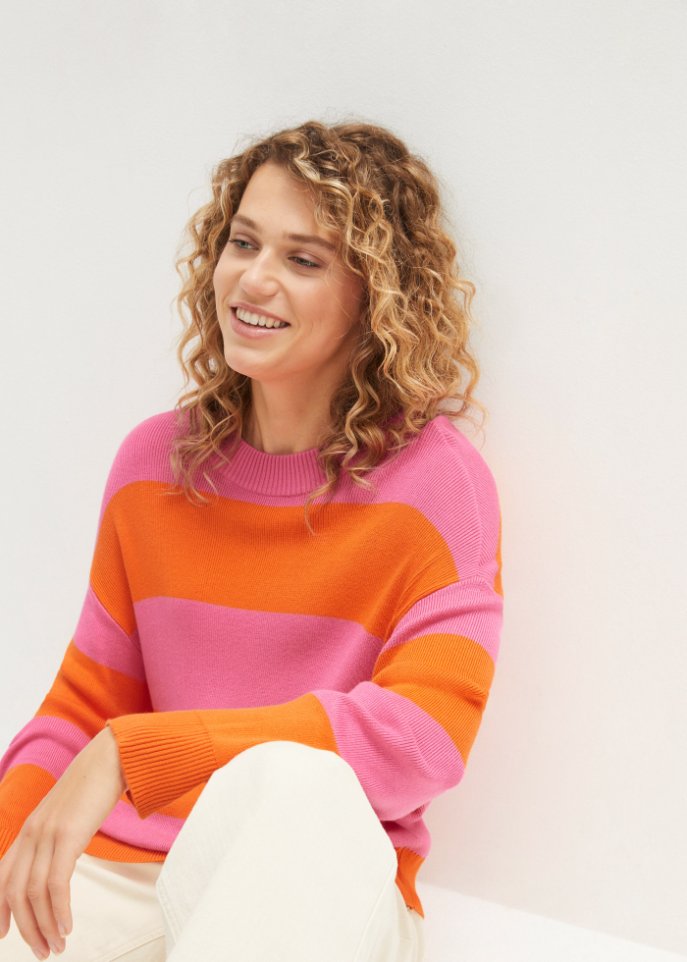 Rundhals-Feinstrickpullover mit Blockstreifen