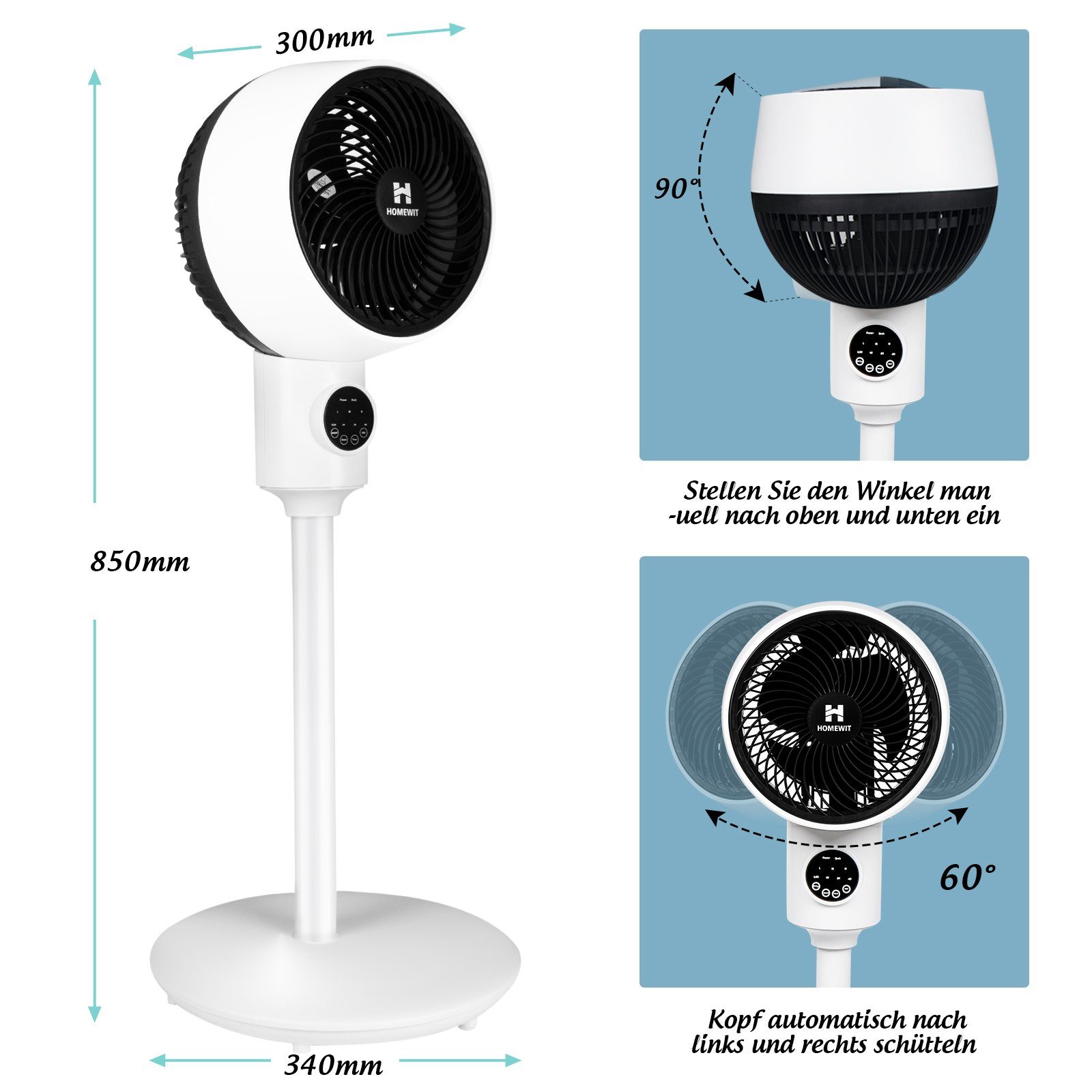 Homewit Turmventilator Standventilator Leise Ventilator mit Fernbedienung Timer-Einstellung, 3D Luftumwälzung für Schlafzimmer Wohnzimmer usw.