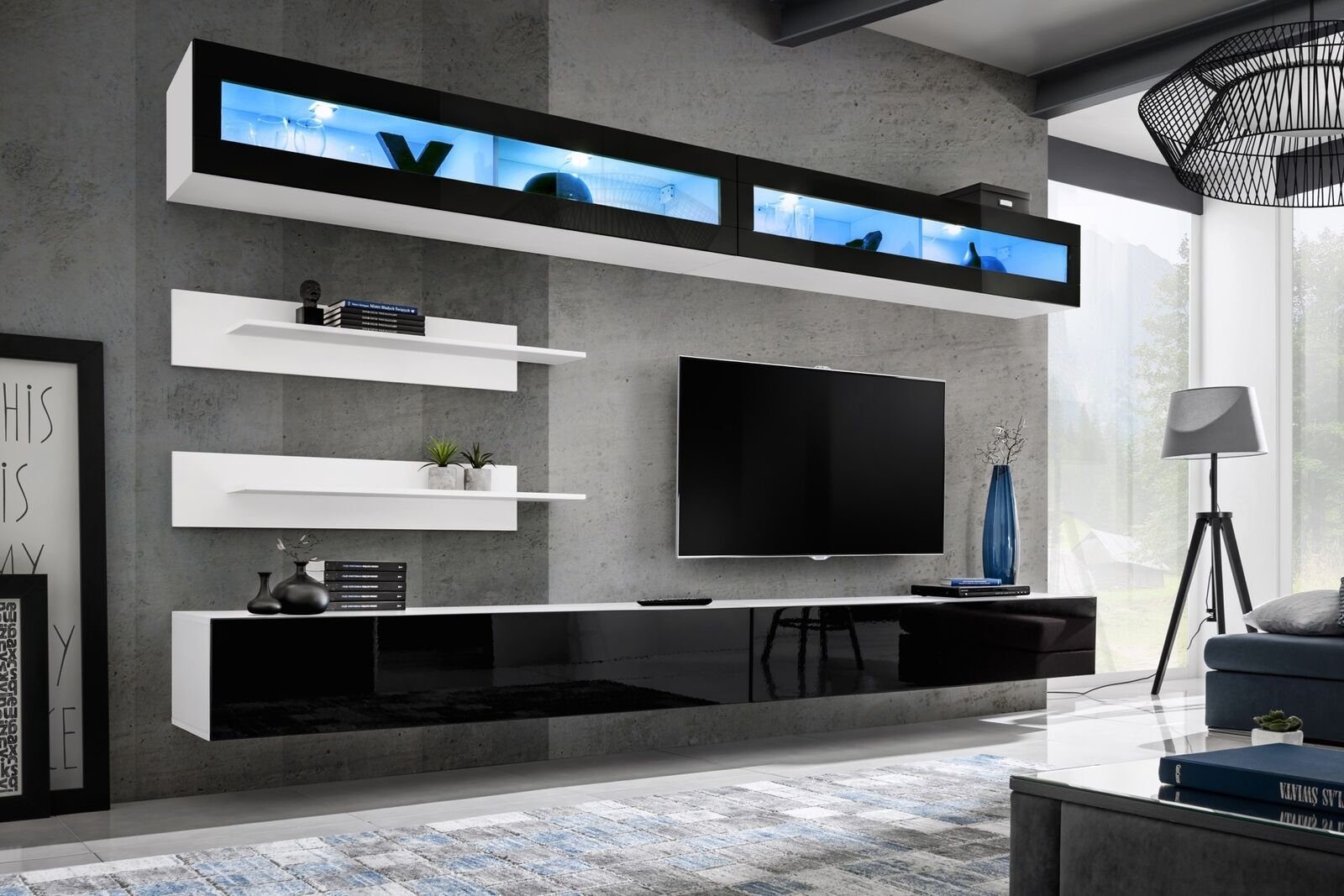 JVmoebel Wohnzimmer-Set Wohnwand Set 6 tlg Luxus Wohnzimmer TV-Ständer Wand Regal Design, (7-St., 1x Wohnwand + 2x TV Ständer + 2x Wandschrank + 2x Wandregale), Made in Europa