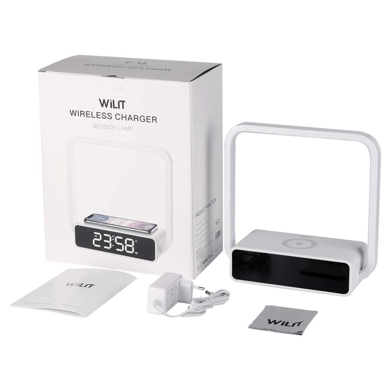 WILIT LED Nachttischlampe Tischleuchte Schlafzimmer Touch Tischlampe mit Ladefunktion Handy, LED fest integriert, Qi Ladefunktion, 3 Helligkeitsstufen, Wecker, Dimmbarer Display