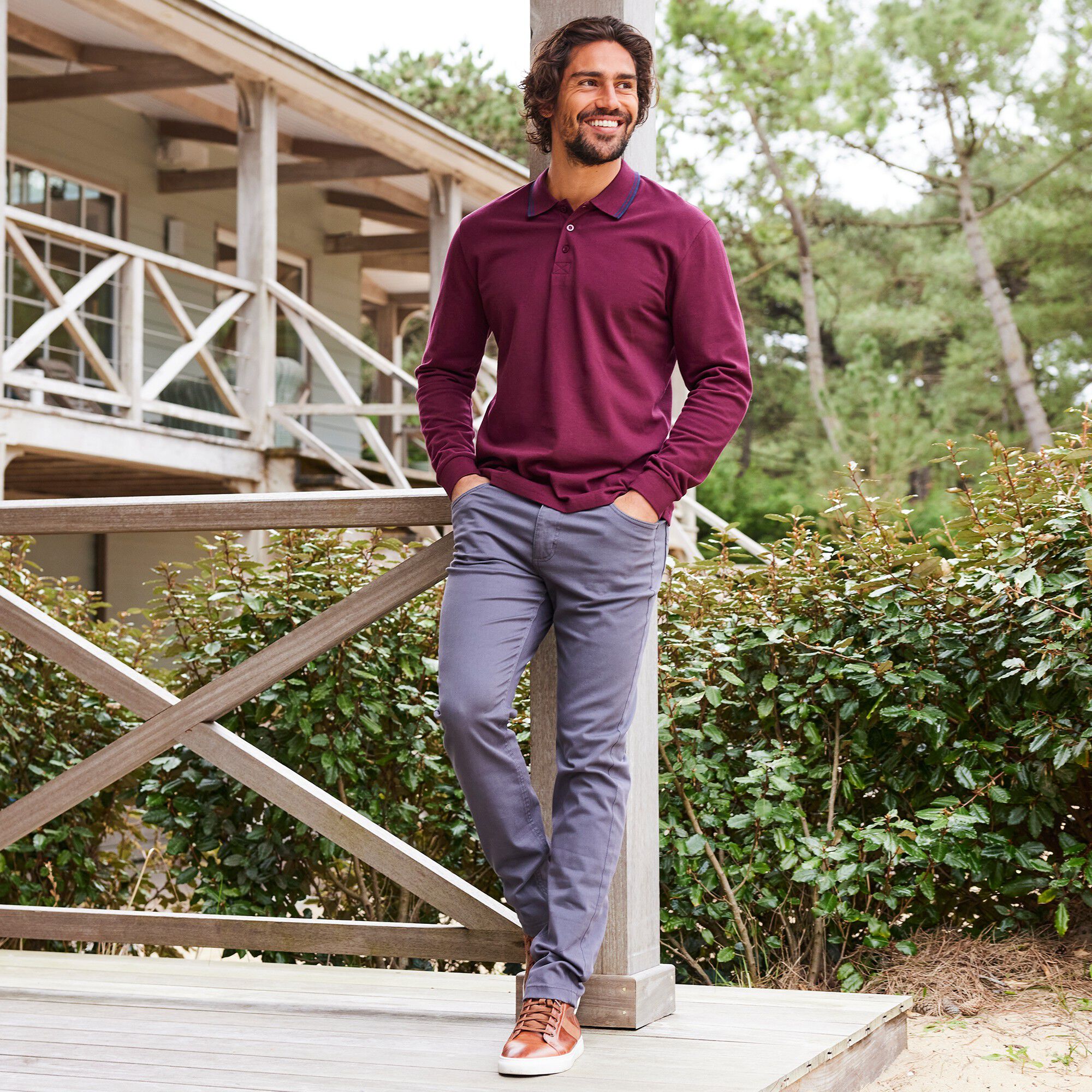 Polo uni maille piquée manches longues