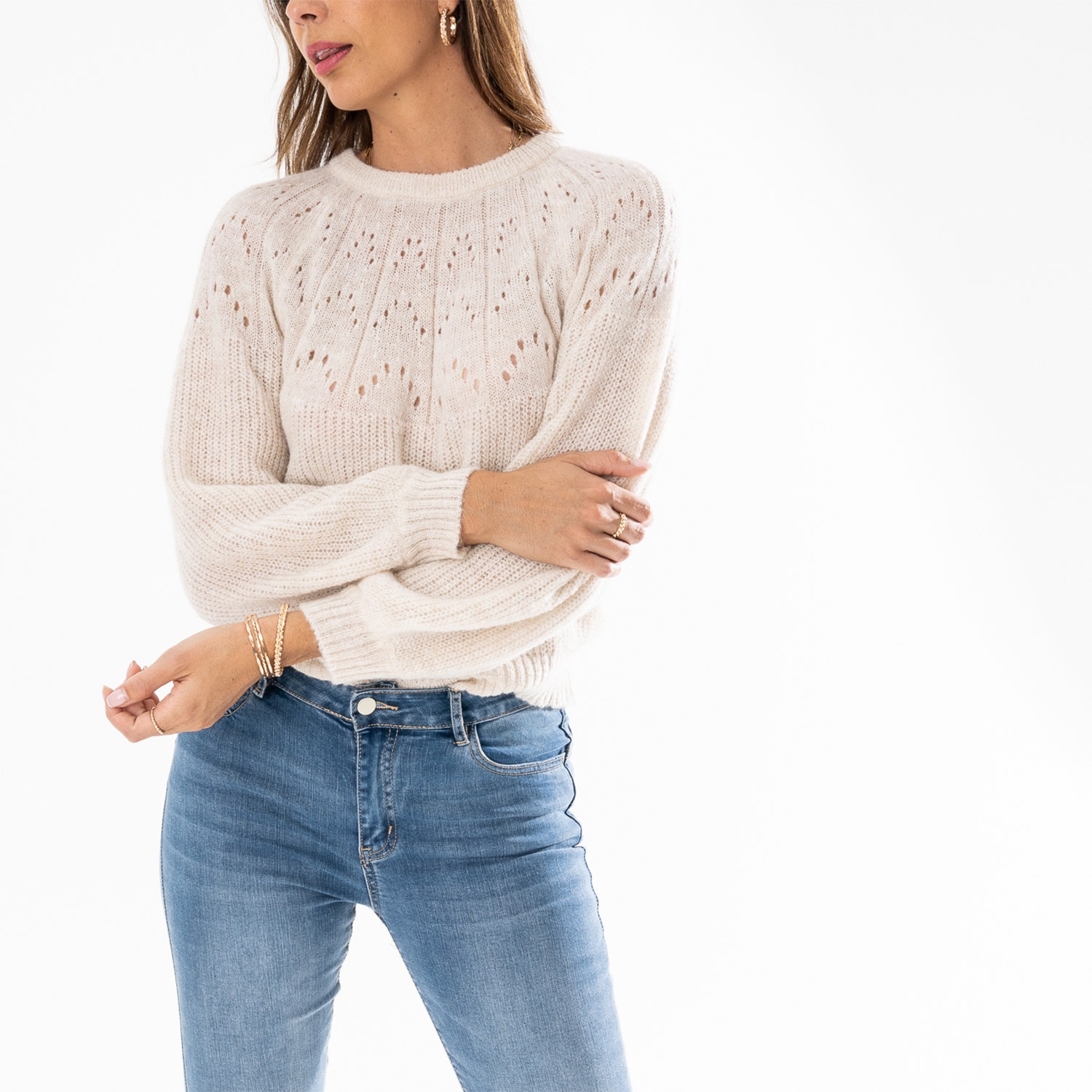 Pull TEXTO écru en tricot fantaisie