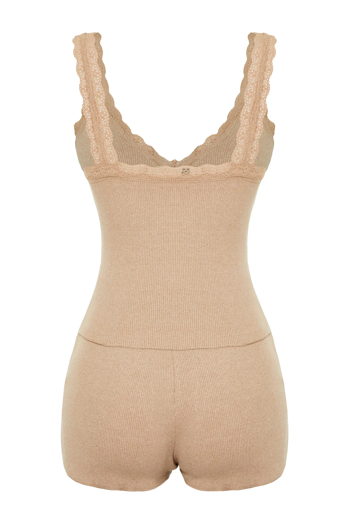 Trendyol Collection  Beigefarbenes Pyjama-Set aus schnurgebundenem Strick mit Spitzendetails THMSS24PT00006